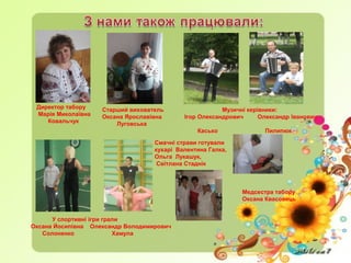 Директор табору
Марія Миколаївна
Ковальчук
Старший вихователь
Оксана Ярославівна
Луговська
Музичні керівники:
Ігор Олександрович Олександр Іванович
Касько Пилипюк
У спортивні ігри грали
Оксана Йосипівна Олександр Володимирович
Солоненко Хамула
Смачні страви готували
кухарі Валентина Галка,
Ольга Лукашук,
Світлана Стаднік
Медсестра табору
Оксана Квасовець
 