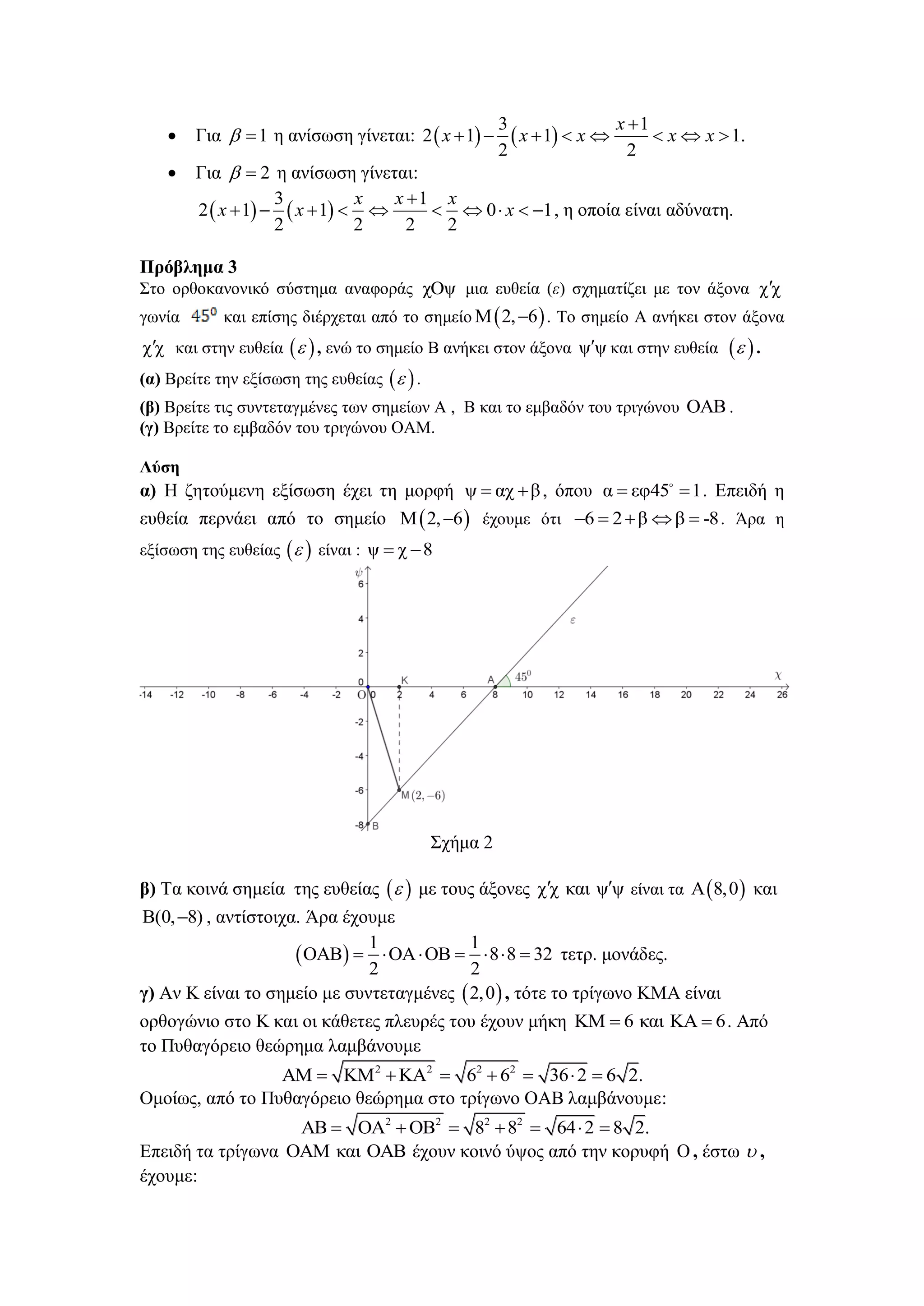  Γηα 1  ε αλίζσζε γίλεηαη:    
3 1
2 1 1 1.
2 2
x
x x x x x

       
 Γηα 2  ε αλίζσζε γίλεηαη:
   
3 1
2 1 1 0 1
2 2 2 2
x x x
x x x

          , ε νπνία είλαη αδύλαηε.
Πρόβλημα 3
Σην νξζνθαλνληθό ζύζηεκα αλαθνξάο ρOς κηα επζεία (ε) ζρεκαηίδεη κε ηνλ άμνλα ρ ρ
γσλία θαη επίζεο δηέξρεηαη από ην ζεκείν  2, 6  . Τν ζεκείν Α αλήθεη ζηνλ άμνλα
ρ ρ θαη ζηελ επζεία   , ελώ ην ζεκείν Β αλήθεη ζηνλ άμνλα ς ς θαη ζηελ επζεία   .
(α) Βξείηε ηελ εμίζσζε ηεο επζείαο   .
(β) Βξείηε ηηο ζπληεηαγκέλεο ησλ ζεκείσλ Α , Β θαη ην εκβαδόλ ηνπ ηξηγώλνπ  .
(γ) Βξείηε ην εκβαδόλ ηνπ ηξηγώλνπ ΟΑΜ.
Λύζη
α) Ζ δεηνύκελε εμίζσζε έρεη ηε κνξθή ς αρ β  , όπνπ α εθ45 1 
. Δπεηδή ε
επζεία πεξλάεη από ην ζεκείν  2, 6  έρνπκε όηη 6 2 β β -8     . Άξα ε
εμίζσζε ηεο επζείαο   είλαη : ς ρ 8 
Σρήκα 2
β) Τα θνηλά ζεκεία ηεο επζείαο   κε ηνπο άμνλεο ρ ρ θαη ς ς  είλαη ηα  8,0 θαη
(0, 8)  , αληίζηνηρα. Άξα έρνπκε
 
1 1
OAB OA OB 8 8 32
2 2
       ηεηξ. κνλάδεο.
γ) Αλ Κ είλαη ην ζεκείν κε ζπληεηαγκέλεο  2,0 , ηόηε ην ηξίγσλν ΚΜΑ είλαη
νξζνγώλην ζην Κ θαη νη θάζεηεο πιεπξέο ηνπ έρνπλ κήθε 6 θαη 6    . Από
ην Ππζαγόξεην ζεώξεκα ιακβάλνπκε
2 2 2 2
6 6 36 2 6 2.        
Οκνίσο, από ην Ππζαγόξεην ζεώξεκα ζην ηξίγσλν ΟΑΒ ιακβάλνπκε:
2 2 2 2
8 8 64 2 8 2.        
Δπεηδή ηα ηξίγσλα θαη ΟΑΒ έρνπλ θνηλό ύςνο από ηελ θνξπθή O , έζησ  ,
έρνπκε:
 