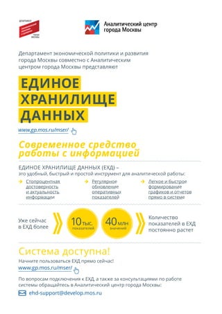 Начните пользоваться ЕХД прямо сейчас!
По вопросам подключения к ЕХД, а также за консультациями по работе
системы обращайтесь в Аналитический центр города Москвы:
Департамент экономической политики и развития
города Москвы совместно с Аналитическим
центром города Москвы представляют
ЕДИНОЕ
ХРАНИЛИЩЕ
ДАННЫХ
www.gp.mos.ru/mser/
www.gp.mos.ru/mser/
ЕДИНОЕ ХРАНИЛИЩЕ ДАННЫХ (ЕХД) –
это удобный, быстрый и простой инструмент для аналитической работы:
Уже сейчас
в ЕХД более
Количество
показателей в ЕХД
постоянно растет
10тыс.
показателей
40млн
значений
Стопроцентная
достоверность
и актуальность
информации
Регулярное
обновление
оперативных
показателей
Легкое и быстрое
формирование
графиков и отчетов
прямо в системе
Система доступна!
Современное средство
работы с информацией
ehd-support@develop.mos.ru
 