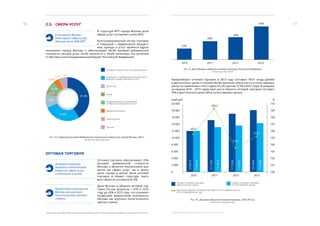 ЭКОНОМИЧЕСКОЕ ОБОЗРЕНИЕ. ЯНВАРЬ-ДЕКАБРЬ 2013 ГОДА2. РЕАЛЬНЫЙ СЕКТОР
1716 2.5.	 СФЕРА УСЛУГ
В структуре ВРП города Москвы доля
сферы услуг составляет около 80%.
Консолидированный сектор торговли
и операций с недвижимым имущест-
вом, аренды и услуг является ядром
экономики города Москвы и обеспечивает 68,9% валовой добавленной
стоимости сектора услуг, 43,0% занятости и 39,6% налоговых поступлений	
от Москвы в консолидированный бюджет Российской Федерации2
.
	
	
ОПТОВАЯ ТОРГОВЛЯ
Оптовая торговля обеспечивает 25%
валовой добавленной стоимости
Москвы и является локомотивом раз-
вития как сферы услуг, так и эконо-
мики города в целом. Доля оптовой
торговли в общей структуре торго-
вого оборота составила 81,9%.
Доля Москвы в обороте оптовой тор-
говли России возросла с 37% в 2010
году до 43% в 2013 году, что отражает
тенденцию возрастания значимости
Москвы как крупного логистического
центра страны.
	
Товарооборот оптовой торговли в 2013 году составил 18131 млрд рублей
в фактических ценах и показал более высокие темпы роста в сопоставимых
ценах по сравнению с 2012 годом (+5,2% против +3,5% в 2012 году). В среднем
за период 2010 – 2013 годов темп роста оборота оптовой торговли составил
15% в фактических ценах (6% в сопоставимых ценах).
Рис. 14. Структура валовой добавленной стоимости в сфере услуг города Москвы, 2012 г.
Источник: Мосгорстат
Оптовая торговля
является локомотивом
развития сферы услуг
и экономики в целом
Возрастает значимость
Москвы как крупного
логистического центра
страны
Рис. 15. Доля Москвы в обороте оптовой торговли Российской Федерации
Источник: Росстат
Рис. 16. Динамика оборота оптовой торговли, 2010-2013 гг.
Источник: Мосгорстат
Здравоохранение
Транспорт
Образование
Операции с недвижимым имуществом,
аренда и предоставление услуг
Оптовая и розничная торговля, ремонт
Государственное управление
и обеспечение безопасности
Связь
Прочие
6,3%
4,4%
3,1%
3,4%
27,6%
41,3%
4,2%
9,8%
2
Данные по структуре ВРП и занятости приведены за 2012 год, по объемам налоговых поступлений за 2013 год
37%
39%
40%
43%
201220112010 2013
Оборот оптовой торговли
в фактических ценах
Динамика оборота оптовой торговли в сопоставимых ценах,
в % к предыдущему году
Оборот оптовой торговли
в сопоставимых ценах
109,3
12041,9
12041,9
15170,9
13161,8
17105,6
13622,5
18130,4
14330,8
105,5
103,5
105,2
20 000
18 000
16 000
14 000
12 000
10 000
8 000
6 000
4 000
2 000
0
%
110
109
108
107
106
105
104
103
102
101
100
2012 201320112010
В экономике Москвы
доминирует сфера услуг,
дающая около 80% ВРП
 