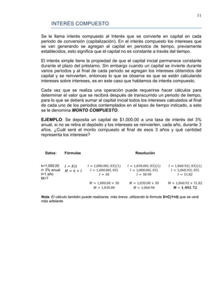 11
INTERÉS COMPUESTO
Se le llama interés compuesto al Interés que se convierte en capital en cada
periodo de conversión (capitalización). En el interés compuesto los intereses que
se van generando se agregan al capital en periodos de tiempo, previamente
establecidos, esto significa que el capital no es constante a través del tiempo.
El interés simple tiene la propiedad de que el capital inicial permanece constante
durante el plazo del préstamo. Sin embargo cuando un capital se invierte durante
varios períodos y al final de cada periodo se agregan los intereses obtenidos del
capital y se reinvierten, entonces lo que se observa es que se están calculando
intereses sobre intereses, es en este caso que hablamos de interés compuesto.
Cada vez que se realiza una operación puede requerirse hacer cálculos para
determinar el valor que se recibirá después de transcurrido un periodo de tiempo,
para lo que se deberá sumar al capital inicial todos los intereses calculados al final
de cada uno de los periodos contemplados en el lapso de tiempo indicado, a esto
se le denomina MONTO COMPUESTO.
EJEMPLO: Se deposita un capital de $1,000.00 a una tasa de interés del 3%
anual, si no se retira el depósito y los intereses se reinvierten, cada año, durante 3
años. ¿Cuál será el monto compuesto al final de esos 3 años y qué cantidad
representa los intereses?
Datos: Fórmulas Resolución
k=1,000.00
i= 3% anual
t=1 año
M=?
𝐼 = 𝐾𝑖𝑡
𝑀 = 𝑘 + 𝐼
𝐼 = 1,000.00(. 03)(1)
𝐼 = 1,000.00(. 03)
𝐼 = 30
𝑀 = 1,000.00 + 30
𝐼 = 1,030.00(. 03)(1)
𝐼 = 1,000.00(. 03)
𝐼 = 30.90
𝑀 = 1,030.00 + 30
𝐼 = 1,060.92(. 03)(1)
𝐼 = 1,060.92(. 03)
𝐼 = 31.82
𝑀 = 1,060.92 + 31.82
𝑀 = 1,030.00 𝑀 = 1,060.90 𝑴 = 𝟏, 𝟎𝟗𝟐. 𝟕𝟐
Nota: El cálculo también puede realizarse, más breve, utilizando la fórmula S=C(1+it) que se verá
más adelante.
 