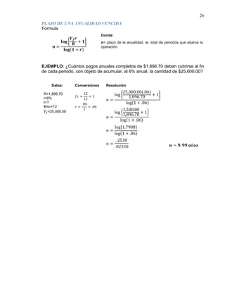 26
Formula
PLAZO DE UNA ANUALIDAD VENCIDA
𝒏 =
𝐥𝐨𝐠 �
𝑽 𝒇 𝒓
𝑹
+ 𝟏�
𝐥𝐨𝐠(𝟏 + 𝒓)
Donde:
n= plazo de la anualidad, ie, total de periodos que abarca la
operación.
EJEMPLO: ¿Cuántos pagos anuales completos de $1,896.70 deben cubrirse al fin
de cada periodo, con objeto de acumular, al 6% anual, la cantidad de $25,000.00?
Datos: Conversiones Resolución
R=1,896.70
i=6%
t=?
#mc=12
𝑉𝑓=25,000.00
𝑓𝑐 =
12
12
= 1
𝑟 =
. 06
1
= .06
𝑛 =
log �
25,000.00(.06)
1,896.70
+ 1�
log(1 + .06)
𝑛 =
log �
1,500.00
1,896.70 + 1�
log(1 + .06)
𝑛 =
log{1.7908}
log(1 + .06)
𝑛 =
. 2530
. 02530 𝒏 = 𝟗. 𝟗𝟗 𝒂ñ𝒐𝒔
 