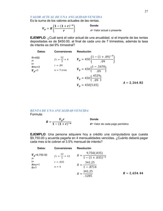 27
Es la suma de los valores actuales de las rentas.
VALOR ACTUAL DE UNA ANUALIDAD VENCIDA
𝑽 𝒑 = 𝑹 �
𝟏 − (𝟏 + 𝒓)−𝒏
𝒓
�
Donde:
A= Valor actual o presente
EJEMPLO: ¿Cuál será el valor actual de una anualidad, si el importe de las rentas
depositadas es de $450.00, al final de cada uno de 7 trimestres, además la tasa
de interés es del 9% trimestral?
Datos: Conversiones Resolución
R=450
i=
t=
#mc=3
𝑽 𝒑=?
𝑓𝑐 =
12
3
= 4
𝑟 = .09
𝑛 = 7 𝑡𝑟𝑖𝑚
𝑽 𝒑 = 450 �
1 − (1 + .09)−𝟕
. 09
�
𝑽 𝒑 = 450 �
1 − .5470
. 09
�
𝑽 𝒑 = 450 �
. 4529
. 09
�
𝑽 𝒑 = 450{5.03}
𝑨 = 𝟐, 𝟐𝟔𝟒. 𝟖𝟐
Formula:
RENTA DE UNA ANUALIDAD VENCIDA
𝑹 =
𝑽 𝒑 𝒓
𝟏 − (𝟏 + 𝒓)−𝒏
Donde:
R= Valor de cada pago periódico
EJEMPLO: Una persona adquiere hoy a crédito una computadora que cuesta
$9,750.00 y acuerda pagarla en 4 mensualidades vencidas. ¿Cuánto deberá pagar
cada mes si le cobran el 3.5% mensual de interés?
Datos: Conversiones Resolución
𝑽 𝒑=9,750.00
i=
t=
#mc=1
R=?
𝑓𝑐 =
12
1
= 12
𝑟 = .035
𝑛 = 4
𝑅 =
9,750(.035)
1 − (1 + .035)−4
𝑅 =
341.25
1 − .8714
𝑅 =
341.25
. 1285
𝑹 = 𝟐, 𝟔𝟓𝟒. 𝟒𝟒
 