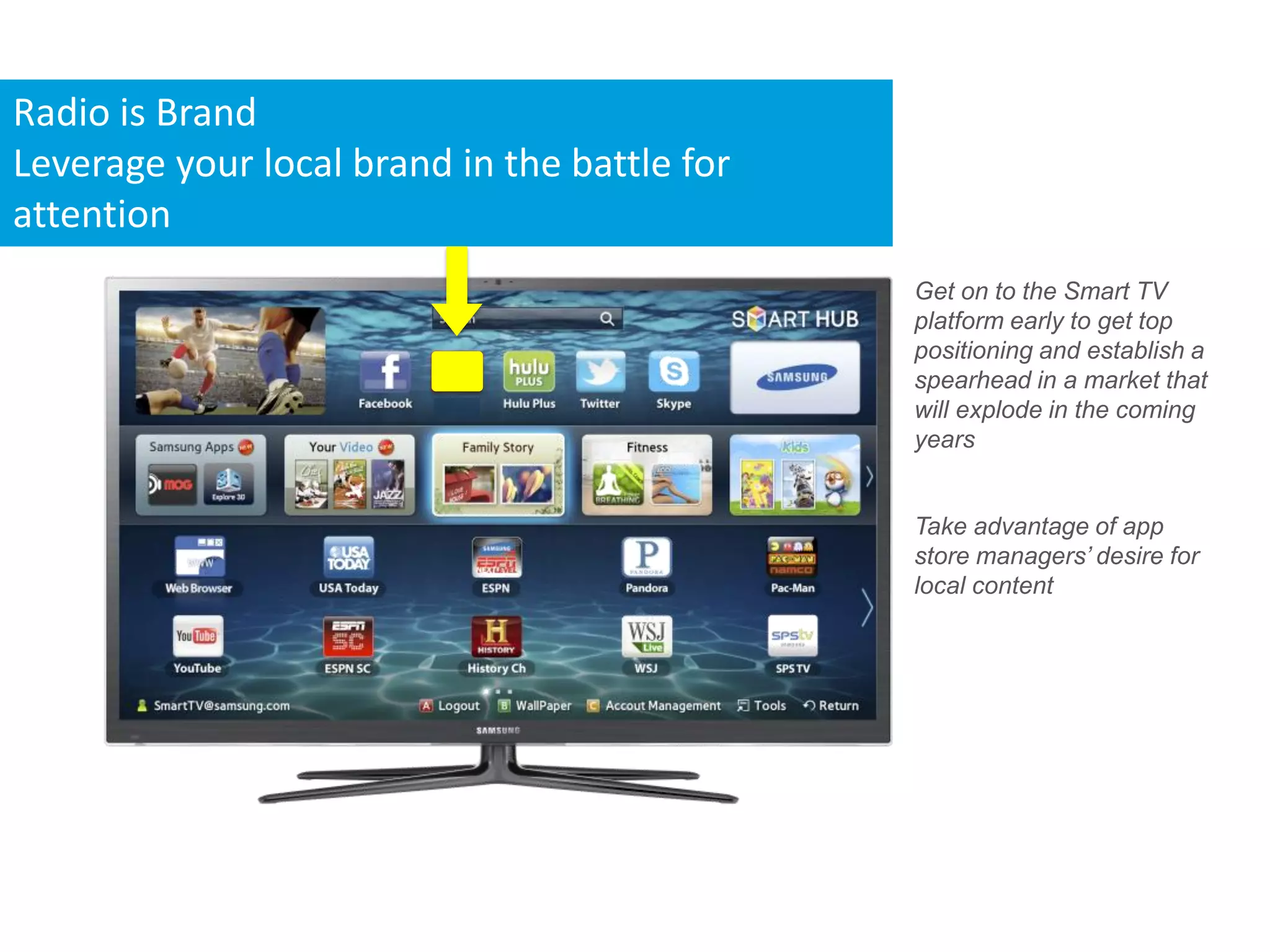 Radio is Brand
Leverage your local brand in the battle for
attention
                                              Get on to the Smart TV
                                              platform early to get top
                                              positioning and establish a
                                              spearhead in a market that
                                              will explode in the coming
                                              years


                                              Take advantage of app
                                              store managers’ desire for
                                              local content
 