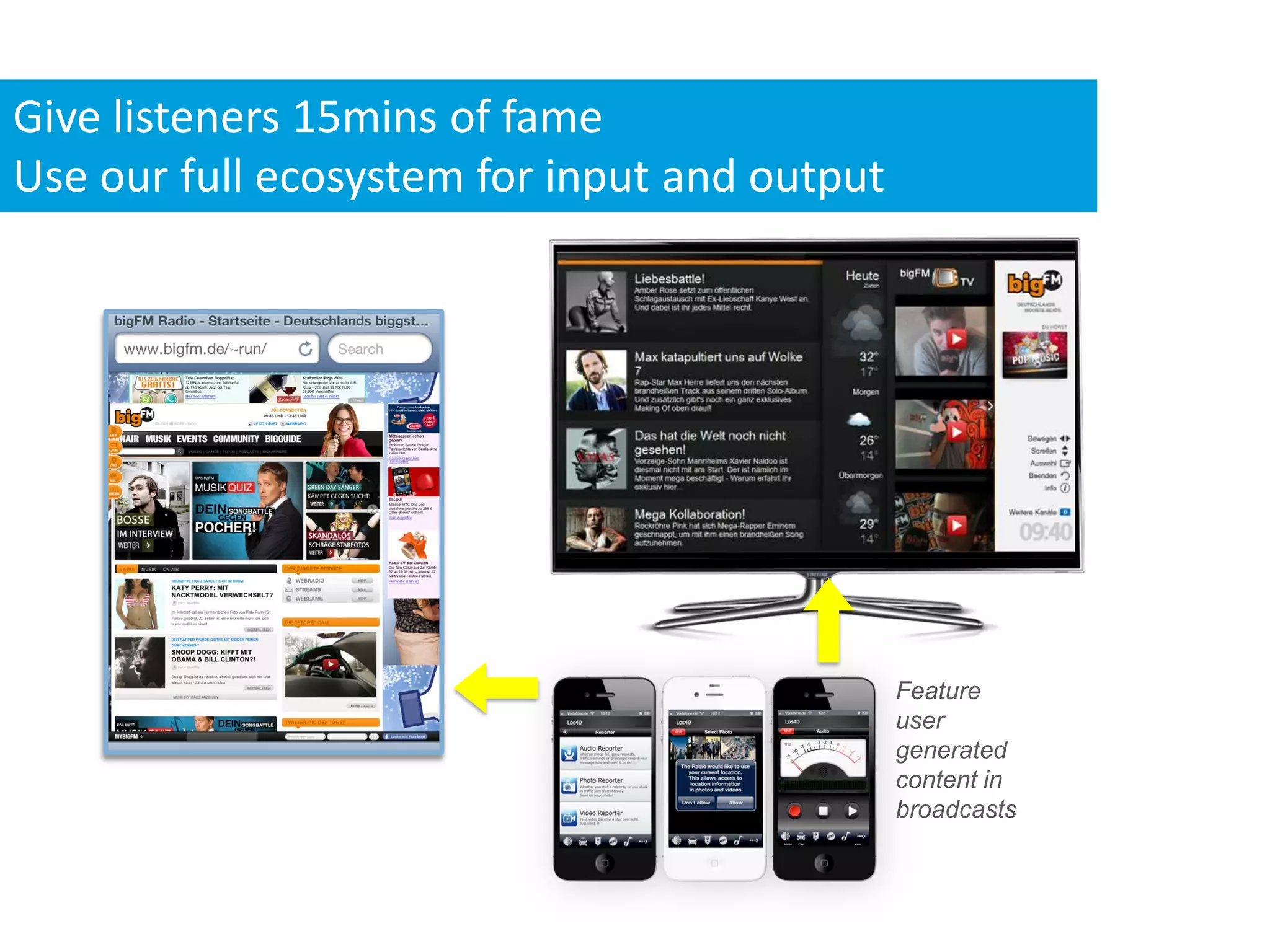 Give listeners 15mins of fame
Use our full ecosystem for input and output




                                              Feature
                                              user
                                              generated
                                              content in
                                              broadcasts
 