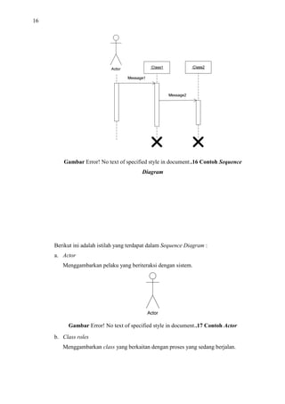 16
Gambar Error! No text of specified style in document..16 Contoh Sequence
Diagram
Berikut ini adalah istilah yang terdapat dalam Sequence Diagram :
a. Actor
Menggambarkan pelaku yang beriteraksi dengan sistem.
Gambar Error! No text of specified style in document..17 Contoh Actor
b. Class roles
Menggambarkan class yang berkaitan dengan proses yang sedang berjalan.
 