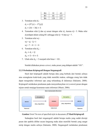33
R4 32 63
R5 64 127
R6 128 255
3. Tentukan nilai :
  |!  !
|
  |31  36|  5
4. Tentunkan nilai lj dan uj sesuai dengan nilai , karena = 5. Maka nilai
terdapat dalam selang R1 sehingga nilai lj = 0 dan uj = 7.
5. Tentukan nilai wj :
wj = uj – lj +1
wj = 7 – 0 + 1 = 8
6. Tentukan nilai  :
    =
  5  0  5
7. Ubah nilai  = 5 menjadi nilai biner = 101.
Setalah dilakukan proses extract, maka pesan yang didapat adalah “101”.
2.2.3 Perbedaan Kriptografi Dengan Steganografi
Hasil dari kriptografi adalah berupa data yang berbeda dari bentuk aslinya
atau serangkaian kode-kode yang tidak memiliki makna, sehingga orang lain tidak
dapat mengetahui informasi apa yang terkandung di dalamnya (Sukianto, 2008).
Kriptografi melakukan penekanan pada menyembunyikan isi (content) pesan dengan
tujuan untuk menjaga keamanan suatu informasi (Munir, 2006).
Gambar Error! No text of specified style in document..27 Hasil Kriptografi
Sedangkan hasil dari steganografi adalah berupa media yang sudah disisipi
pesan dan apabila dilihat secara langsung maka akan memiliki bentuk yang sangat
mirip dengan media aslinya (Sukianto, 2008). Steganografi melakukan penekanan
 