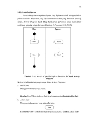 11
2.1.2.3 Activity Diagram
Activity Diagram merupakan diagram yang digunakan untuk menggambarkan
perilaku dinamis dari sistem yang terjadi melalui tindakan yang dilakukan terhadap
sistem. Activity Diagram dapat dibagi berdasarkan partisipasi untuk memberikan
penjelasan terhadap setiap aksi yang dilakukan (S.Pressman, 2010, P.853).
Gambar Error! No text of specified style in document..5 Contoh Activity
Diagram
Berikut ini adalah istilah yang terdapat dalam Activity Diagram :
a. Initial State
Menggambarkan mulainya proses.
Gambar Error! No text of specified style in document..6 Contoh Initial State
b. Action State
Menggambarkan proses yang sedang berjalan.
Gambar Error! No text of specified style in document..7 Contoh Action State
 