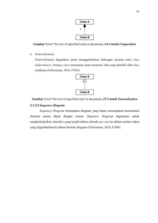 15
Gambar Error! No text of specified style in document..14 Contoh Composition
e. Generalization
Generalization digunakan untuk menggambarkan hubungan turunan antar class
(inheritance). Artinya, class turunannya akan mewarisi sifat yang dimiliki oleh class
induknya (S.Pressman, 2010, P.843).
Gambar Error! No text of specified style in document..15 Contoh Generalization
2.1.2.5 Sequence Diagram
Sequence Diagram merupakan diagram yang dapat menunjukan komunikasi
dinamis antara objek dengan sistem. Sequence Diagram digunakan untuk
mendeskripsikan interaksi yang terjadi dalam sebuah use case ke dalam urutan waktu
yang digambarkan ke dalam bentuk diagram (S.Pressman, 2010, P.848).
 