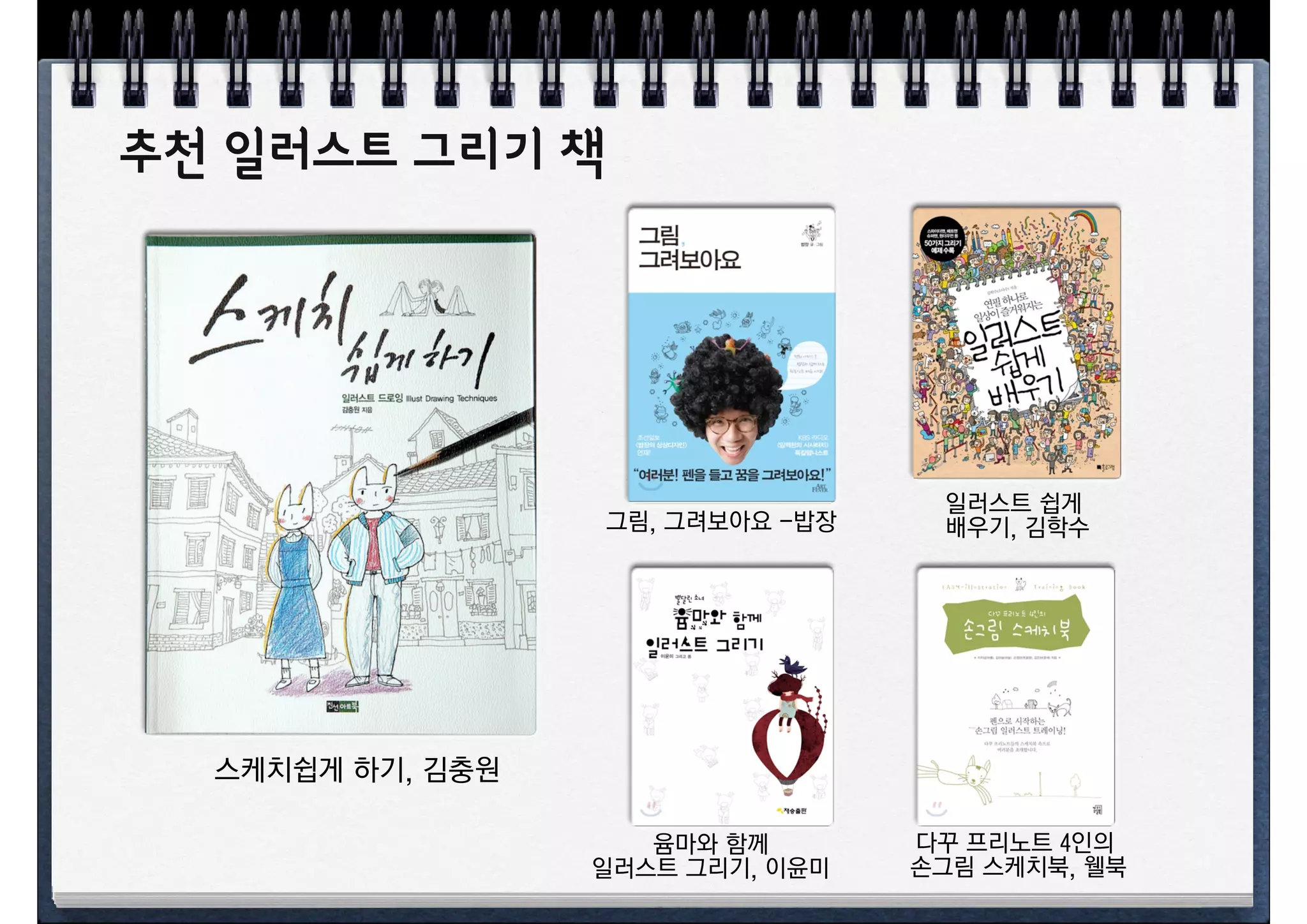 추천 일러스트 그리기 책




                                   일러스트 쉽게
                  그림, 그려보아요 -밥장    배우기, 김학수




  스케치쉽게 하기, 김충원

                     윰마와 함께       다꾸 프리노트 4인의
                  일러스트 그리기, 이윤미   손그림 스케치북, 웰북
 