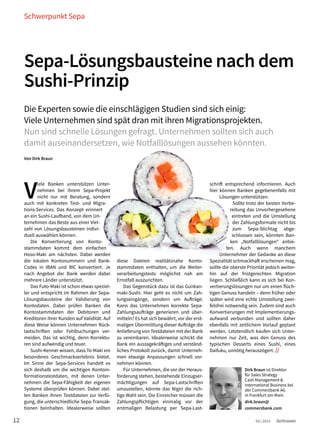 Sepa-Lösungsbausteine nach dem
Sushi-Prinzip
Die Experten sowie die einschlägigen Studien sind sich einig:
Viele Unternehmen sind spät dran mit ihren Migrationsprojekten.
Nun sind schnelle Lösungen gefragt. Unternehmen sollten sich auch
damit auseinandersetzen, wie Notfalllösungen aussehen könnten.
Von Dirk Braun
V
iele Banken unterstützen Unter-
nehmen bei ihrem Sepa-Projekt
nicht nur mit Beratung, sondern
auch mit konkreten Test- und Migra-
tions-Services. Das Konzept erinnert
an ein Sushi-Laufband, von dem Un-
ternehmen das Beste aus einer Viel-
zahl von Lösungsbausteinen indivi-
duell auswählen können.
Die Konvertierung von Konto-
stammdaten kommt dem einfachen
Hoso-Maki am nächsten. Dabei werden
die lokalen Kontonummern und Bank-
Codes in IBAN und BIC konvertiert. Je
nach Angebot der Bank werden dabei
mehrere Länder unterstützt.
Das Futo-Maki ist schon etwas speziel-
ler und entspricht im Rahmen der Sepa-
Lösungsbausteine der Validierung von
Kontodaten. Dabei prüfen Banken die
Kontostammdaten der Debitoren und
Kreditoren ihrer Kunden auf Validität. Auf
diese Weise können Unternehmen Rück-
lastschriften oder Fehlbuchungen ver-
meiden. Das ist wichtig, denn Korrektu-
ren sind aufwendig und teuer.
Sushi-Kenner wissen, dass Te-Maki ein
besonderes Geschmackserlebnis bietet.
Im Sinne der Sepa-Services handelt es
sich deshalb um die wichtigen Kontoin-
formationstestdaten, mit denen Unter-
nehmen die Sepa-Fähigkeit der eigenen
Systeme überprüfen können. Dabei stel-
len Banken ihnen Testdateien zur Verfü-
gung, die unterschiedliche Sepa-Transak-
tionen beinhalten. Idealerweise sollten
diese Dateien realitätsnahe Konto-
stammdaten enthalten, um die Weiter-
verarbeitungstests möglichst nah am
Ernstfall auszurichten.
Das Gegenstück dazu ist das Gunkan-
maki-Sushi. Hier geht es nicht um Zah-
lungseingänge, sondern um Aufträge:
Kann das Unternehmen korrekte Sepa-
Zahlungsaufträge generieren und über-
mitteln? Es hat sich bewährt, vor der erst-
maligen Übermittlung dieser Aufträge die
Anlieferung von Testdateien mit der Bank
zu vereinbaren. Idealerweise schickt die
Bank ein aussagekräftiges und verständ-
liches Protokoll zurück, damit Unterneh-
men etwaige Anpassungen schnell vor-
nehmen können.
Für Unternehmen, die vor der Heraus-
forderung stehen, bestehende Einzugser-
mächtigungen auf Sepa-Lastschriften
umzustellen, könnte das Nigiri die rich-
tige Wahl sein. Die Einreicher müssen die
Zahlungspflichtigen einmalig vor der
erstmaligen Belastung per Sepa-Last-
schrift entsprechend informieren. Auch
hier können Banken gegebenenfalls mit
Lösungen unterstützen.
Sollte trotz der besten Vorbe-
reitung das Unvorhergesehene
eintreten und die Umstellung
der Zahlungsformate nicht bis
zum Sepa-Stichtag abge-
schlossen sein, könnten Ban-
ken „Notfalllösungen“ anbie-
ten. Auch wenn manchem
Unternehmer der Gedanke an diese
Spezialität schmackhaft erscheinen mag,
sollte die oberste Priorität jedoch weiter-
hin auf der fristgerechten Migration
­liegen. Schließlich kann es sich bei Kon-
vertierungslösungen nur um einen flüch-
tigen Genuss handeln – denn früher oder
später wird eine echte Umstellung zwei-
felsfrei notwendig sein. Zudem sind auch
Konvertierungen mit Implementierungs-
aufwand verbunden und sollten daher
ebenfalls mit zeitlichem Vorlauf geplant
werden. Letztendlich kaufen sich Unter-
nehmen nur Zeit, was den Genuss des
­typischen Desserts eines Sushi, eines
­Daifuku, unnötig herauszögert. //
Dirk Braun ist Direktor
für Sales Strategy
Cash Management &
International Business bei
der Commerzbank AG
in Frankfurt am Main.
dirk.braun@
commerzbank.com
Thinkstock
12 03 | 2013
Schwerpunkt Sepa
 