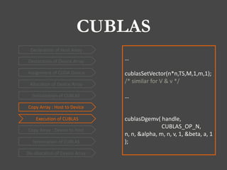 CUBLAS
Declaration of Device Array
Allocation of Device Array
Declaration of Host Array
Copy Array : Host to Device
Copy Array : Device to Host
De-allocation of Device Array
Execution of CUBLAS
Initialization of CUBLAS
Assignment of CUDA Device
Termination of CUBLAS
…
cublasSetVector(n*n,TS,M,1,m,1);
/* similar for V & v */
…
cublasDgemv( handle,
CUBLAS_OP_N,
n, n, &alpha, m, n, v, 1, &beta, a, 1
);
 