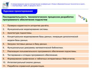 X международная научно-методическая конференция «Новые образовательные технологии в вузе»,
        г. Екатеринбург, УрФУ, 6 февраля 2013 г.


Курсовое проектирование

Последовательность технологических процессов разработки
программного обеспечения подсистем

1.   Проверка корректности алгоритма расчѐта.
2.   Функциональное моделирование системы.
3.   Архитектура подсистемы.
4.   Концептуальное моделирование базы данных, генерация даталогической
     модели базы данных.
5.   Загрузка тестовых данных в базу данных.
6.   Функциональные диаграммы математической библиотеки.
7.   Реализация пользовательского программного обеспечения подсистемы.
8.   Тестирование и отладка программного обеспечения.
9.   Формирование графических и табличных интерактивных Web-отчетов.
10. Интеллектуальный анализ данных.
11. Разработка справочной документации.
 