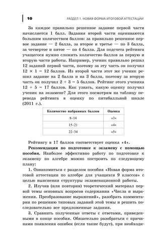 Çà êàæäîå ïðàâèëüíî ðåøåííîå çàäàíèå ïåðâîé ÷àñòè
íà÷èñëÿåòñÿ 1 áàëë. Çàäàíèÿ âòîðîé ÷àñòè îöåíèâàþòñÿ
áîëüøèì êîëè÷åñòâîì áàëëîâ: çà ïðàâèëüíî ðåøåííîå ïåð-
âîå çàäàíèå — 2 áàëëà, çà âòîðîå è òðåòüå — ïî 3 áàëëà,
çà ÷åòâåðòîå è ïÿòîå — ïî 4 áàëëà. Äëÿ ïîäñ÷åòà ðåéòèíãà
ó÷àùåãîñÿ íóæíî ñëîæèòü êîëè÷åñòâî áàëëîâ çà ïåðâóþ è
âòîðóþ ÷àñòè ðàáîòû. Íàïðèìåð, ó÷åíèê ïðàâèëüíî ðåøèë
12 çàäàíèé ïåðâîé ÷àñòè, ïîýòîìó çà ýòó ÷àñòü îí ïîëó÷èë
12 ´ 1 = 12 áàëëîâ. Èç âòîðîé ÷àñòè ýòîò æå ó÷åíèê ðå-
øèë çàäàíèå íà 2 áàëëà è íà 3 áàëëà, ïîýòîìó çà âòîðóþ
÷àñòü îí ïîëó÷èë 2 + 3 = 5 áàëëîâ. Ðåéòèíã ýòîãî ó÷åíèêà
12 + 5 = 17 áàëëîâ. Êàê óçíàòü, êàêóþ îöåíêó ïîëó÷èë
ó÷åíèê íà ýêçàìåíå? Äëÿ ýòîãî ïîñìîòðèì íà òàáëèöó ïå-
ðåâîäà ðåéòèíãà â îöåíêó ïî ïÿòèáàëëüíîé øêàëå
(2011 ã.).
Êîëè÷åñòâî íàáðàííûõ áàëëîâ Îöåíêà
8–14 «3»
15–21 «4»
22–34 «5»
Ðåéòèíãó â 17 áàëëîâ ñîîòâåòñòâóåò îöåíêà «4».
Ðåêîìåíäàöèè ïî ïîäãîòîâêå ê ýêçàìåíó ñ ïîìîùüþ
ïîñîáèÿ. Íàèáîëåå ýôôåêòèâíî ðàáîòó ïî ïîäãîòîâêå ê
ýêçàìåíó ïî àëãåáðå ìîæíî ïîñòðîèòü ïî ñëåäóþùåìó
ïëàíó:
1. Îçíàêîìèòüñÿ ñ ðàçäåëîì ïîñîáèÿ «Íîâàÿ ôîðìà èòî-
ãîâîé àòòåñòàöèè ïî àëãåáðå äëÿ ó÷àùèõñÿ 9 êëàññîâ» ñ
öåëüþ âûÿñíåíèÿ ñòðóêòóðû ýêçàìåíàöèîííîé ðàáîòû.
2. Èçó÷èâ (èëè ïîâòîðèâ) òåîðåòè÷åñêèé ìàòåðèàë ïåð-
âîé òåìû îñíîâíûõ âîïðîñîâ ñîäåðæàíèÿ «×èñëà è âûðà-
æåíèÿ. Ïðåîáðàçîâàíèå âûðàæåíèé», ðàçîáðàòü êîììåíòà-
ðèè ïî ðåøåíèþ òèïîâûõ çàäàíèé ýòîé òåìû è ðåøèòü ïî-
ñëåäîâàòåëüíî âñå ïðåäëîæåííûå çàäàíèÿ.
3. Ñðàâíèòü ïîëó÷åííûå îòâåòû ñ îòâåòàìè, ïðèâåäåí-
íûìè â êîíöå ïîñîáèÿ. Îáÿçàòåëüíî ðàçîáðàòüñÿ ñ ïðè÷è-
íàìè ïîÿâëåíèÿ îøèáîê (åñëè òàêèå áóäóò), ïðè íåîáõîäè-
ÐÀÇÄÅË 1. ÍÎÂÀß ÔÎÐÌÀ ÈÒÎÃÎÂÎÉ ÀÒÒÅÑÒÀÖÈÈ10
 