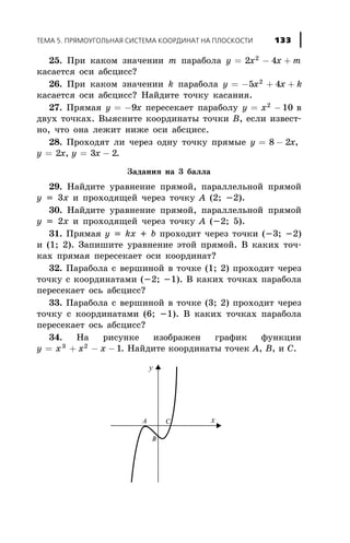 25. Ïðè êàêîì çíà÷åíèè m ïàðàáîëà y x x m= - +2 42
êàñàåòñÿ îñè àáñöèññ?
26. Ïðè êàêîì çíà÷åíèè k ïàðàáîëà y x x k= - + +5 42
êàñàåòñÿ îñè àáñöèññ? Íàéäèòå òî÷êó êàñàíèÿ.
27. Ïðÿìàÿ y õ= -9 ïåðåñåêàåò ïàðàáîëó y õ= -2
10 â
äâóõ òî÷êàõ. Âûÿñíèòå êîîðäèíàòû òî÷êè Â, åñëè èçâåñò-
íî, ÷òî îíà ëåæèò íèæå îñè àáñöèññ.
28. Ïðîõîäÿò ëè ÷åðåç îäíó òî÷êó ïðÿìûå y x= -8 2 ,
y x= 2 , y x= -3 2.
Çàäàíèÿ íà 3 áàëëà
29. Íàéäèòå óðàâíåíèå ïðÿìîé, ïàðàëëåëüíîé ïðÿìîé
ó = 3õ è ïðîõîäÿùåé ÷åðåç òî÷êó À (2; -2).
30. Íàéäèòå óðàâíåíèå ïðÿìîé, ïàðàëëåëüíîé ïðÿìîé
ó = 2õ è ïðîõîäÿùåé ÷åðåç òî÷êó À (-2; 5).
31. Ïðÿìàÿ ó = kõ + b ïðîõîäèò ÷åðåç òî÷êè (-3; -2)
è (1; 2). Çàïèøèòå óðàâíåíèå ýòîé ïðÿìîé. Â êàêèõ òî÷-
êàõ ïðÿìàÿ ïåðåñåêàåò îñè êîîðäèíàò?
32. Ïàðàáîëà ñ âåðøèíîé â òî÷êå (1; 2) ïðîõîäèò ÷åðåç
òî÷êó ñ êîîðäèíàòàìè (-2; -1). Â êàêèõ òî÷êàõ ïàðàáîëà
ïåðåñåêàåò îñü àáñöèññ?
33. Ïàðàáîëà ñ âåðøèíîé â òî÷êå (3; 2) ïðîõîäèò ÷åðåç
òî÷êó ñ êîîðäèíàòàìè (6; -1). Â êàêèõ òî÷êàõ ïàðàáîëà
ïåðåñåêàåò îñü àáñöèññ?
34. Íà ðèñóíêå èçîáðàæåí ãðàôèê ôóíêöèè
y x x x= + - -3 2
1. Íàéäèòå êîîðäèíàòû òî÷åê A, B, è C.
ÒÅÌÀ 5. ÏÐßÌÎÓÃÎËÜÍÀß ÑÈÑÒÅÌÀ ÊÎÎÐÄÈÍÀÒ ÍÀ ÏËÎÑÊÎÑÒÈ 133
 
