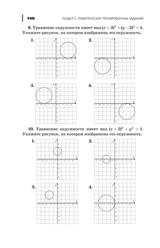 9. Óðàâíåíèå îêðóæíîñòè èìååò âèä ( ) ( )x y+ + - =3 2 42 2
.
Óêàæèòå ðèñóíîê, íà êîòîðîì èçîáðàæåíà ýòà îêðóæíîñòü.
10. Óðàâíåíèå îêðóæíîñòè èìååò âèä ( )x y+ + =2 12 2
.
Óêàæèòå ðèñóíîê, íà êîòîðîì èçîáðàæåíà ýòà îêðóæíîñòü.
ÐÀÇÄÅË 2. ÒÅÌÀÒÈ×ÅÑÊÈÅ ÒÐÅÍÈÐÎÂÎ×ÍÛÅ ÇÀÄÀÍÈß140
 