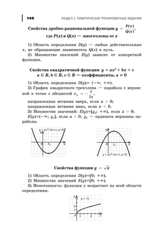 Ñâîéñòâà äðîáíî-ðàöèîíàëüíîé ôóíêöèè y
P x
Q x
=
( )
( )
,
ãäå P(x) è Q(x) — ìíîãî÷ëåíû îò x
1) Îáëàñòü îïðåäåëåíèÿ D(y) — ëþáûå äåéñòâèòåëüíûå
x, íå îáðàùàþùèå çíàìåíàòåëü Q(x) â íóëü.
2) Ìíîæåñòâî çíà÷åíèé E(y) çàâèñèò îò êîíêðåòíîé
ôóíêöèè.
Ñâîéñòâà êâàäðàòè÷íîé ôóíêöèè y = ax2 + bx + c
a Î R, b Î R, c Î R — êîýôôèöèåíòû, a ¹ 0
1) Îáëàñòü îïðåäåëåíèÿ D(y)= (-¥; +¥).
2) Ãðàôèê êâàäðàòíîãî òðåõ÷ëåíà — ïàðàáîëà ñ âåðøè-
íîé â òî÷êå ñ àáñöèññîé xâ
b
a
= -
2
,
íàïðàâëåííàÿ âåòâÿìè ââåðõ, åñëè a > 0;
íàïðàâëåííàÿ âåòâÿìè âíèç, åñëè a < 0.
3) Ìíîæåñòâî çíà÷åíèé: E(y)=[yâ; +¥), åñëè a > 0;
E(y)=(-¥; yâ], åñëè a < 0, yâ — îðäèíàòà âåðøèíû ïà-
ðàáîëû.
Ñâîéñòâà ôóíêöèè y x=
1) Îáëàñòü îïðåäåëåíèÿ D(y)=[0; +¥).
2) Ìíîæåñòâî çíà÷åíèé E(y)=[0; +¥).
3) Ìîíîòîííîñòü: ôóíêöèÿ y âîçðàñòàåò íà âñåé îáëàñòè
îïðåäåëåíèÿ.
ÐÀÇÄÅË 2. ÒÅÌÀÒÈ×ÅÑÊÈÅ ÒÐÅÍÈÐÎÂÎ×ÍÛÅ ÇÀÄÀÍÈß146
 
