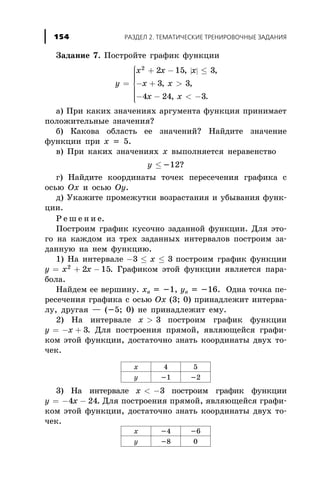 Çàäàíèå 7. Ïîñòðîéòå ãðàôèê ôóíêöèè
| |
y
x x x
x x
x x
=
+ - £
- + >
- - < -
ì
í
ïïïï
î
ïïïï
2
2 15 3
3 3
4 24 3
, ,
, ,
, .
à) Ïðè êàêèõ çíà÷åíèÿõ àðãóìåíòà ôóíêöèÿ ïðèíèìàåò
ïîëîæèòåëüíûå çíà÷åíèÿ?
á) Êàêîâà îáëàñòü åå çíà÷åíèé? Íàéäèòå çíà÷åíèå
ôóíêöèè ïðè x = 5.
â) Ïðè êàêèõ çíà÷åíèÿõ x âûïîëíÿåòñÿ íåðàâåíñòâî
y £ -12?
ã) Íàéäèòå êîîðäèíàòû òî÷åê ïåðåñå÷åíèÿ ãðàôèêà ñ
îñüþ Ox è îñüþ Oy.
ä) Óêàæèòå ïðîìåæóòêè âîçðàñòàíèÿ è óáûâàíèÿ ôóíê-
öèè.
Ð å ø å í è å.
Ïîñòðîèì ãðàôèê êóñî÷íî çàäàííîé ôóíêöèè. Äëÿ ýòî-
ãî íà êàæäîì èç òðåõ çàäàííûõ èíòåðâàëîâ ïîñòðîèì çà-
äàííóþ íà íåì ôóíêöèþ.
1) Íà èíòåðâàëå - £ £3 3x ïîñòðîèì ãðàôèê ôóíêöèè
y x x= + -2
2 15. Ãðàôèêîì ýòîé ôóíêöèè ÿâëÿåòñÿ ïàðà-
áîëà.
Íàéäåì åå âåðøèíó. xâ = -1, yâ = -16. Îäíà òî÷êà ïå-
ðåñå÷åíèÿ ãðàôèêà ñ îñüþ Ox (3; 0) ïðèíàäëåæèò èíòåðâà-
ëó, äðóãàÿ — (-5; 0) íå ïðèíàäëåæèò åìó.
2) Íà èíòåðâàëå x > 3 ïîñòðîèì ãðàôèê ôóíêöèè
y x= - + 3. Äëÿ ïîñòðîåíèÿ ïðÿìîé, ÿâëÿþùåéñÿ ãðàôè-
êîì ýòîé ôóíêöèè, äîñòàòî÷íî çíàòü êîîðäèíàòû äâóõ òî-
÷åê.
x 4 5
y -1 -2
3) Íà èíòåðâàëå x < -3 ïîñòðîèì ãðàôèê ôóíêöèè
y x= - -4 24. Äëÿ ïîñòðîåíèÿ ïðÿìîé, ÿâëÿþùåéñÿ ãðàôè-
êîì ýòîé ôóíêöèè, äîñòàòî÷íî çíàòü êîîðäèíàòû äâóõ òî-
÷åê.
x -4 -6
y -8 0
ÐÀÇÄÅË 2. ÒÅÌÀÒÈ×ÅÑÊÈÅ ÒÐÅÍÈÐÎÂÎ×ÍÛÅ ÇÀÄÀÍÈß154
 