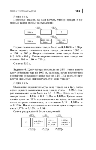 Ð å ø å í è å.
Ïîäîáíûå çàäà÷è, íà íàø âçãëÿä, óäîáíî ðåøàòü ñ ïî-
ìîùüþ òàêîé ñõåìû ðàññóæäåíèé:
Ïåðâîå ñíèæåíèå öåíû òîâàðà áûëî íà 0,1·1000 = 100 ð.
Ïîñëå ïåðâîãî ñíèæåíèÿ öåíà òîâàðà ñîñòàâèëà 1000 -
- 100 = 900 ð. Âòîðîå ñíèæåíèå öåíû òîâàðà áûëî íà
0,2 · 900 =180 ð. Ïîñëå âòîðîãî ñíèæåíèÿ öåíà òîâàðà ñî-
ñòàâèëà 900 - 180 = 720 ð.
Î ò â å ò: 720 ð.
Çàäàíèå 6. Öåíó òîâàðà ïîâûñèëè íà 25%, çàòåì íîâóþ
öåíó ïîâûñèëè åùå íà 10% è, íàêîíåö, ïîñëå ïåðåðàñ÷åòà
ïðîèçâåëè ïîâûøåíèå öåíû åùå íà 12%. Íà ñêîëüêî ïðî-
öåíòîâ ïîâûñèëè ïåðâîíà÷àëüíóþ öåíó òîâàðà?
Ð å ø å í è å.
Îáîçíà÷èì ïåðâîíà÷àëüíóþ öåíó òîâàðà çà õ (ð.), òîãäà
ïîñëå ïåðâîãî ïîâûøåíèÿ öåíà òîâàðà ñòàëà — 1,25õ. Âòî-
ðîå ïîâûøåíèå öåíû áûëî íà 0,1 · 1,25õ. Ïîñëå íåãî öåíà
òîâàðà ñòàëà — 1,25õ + 0,1 · 1,25õ = 1,375õ. Òðåòüå ïîâû-
øåíèå öåíû íà 12% ïðîèçâîäèëîñü îò öåíû, ïîëó÷åííîé
ïîñëå âòîðîãî ïîâûøåíèÿ, è ñîñòàâèëî 0,12 · 1,375õ =
= 0,165õ. Ïîñëå ïîñëåäíåãî ïîâûøåíèÿ öåíà òîâàðà ñîñòà-
âèëà 1,375õ + 0,165 õ = 1,54õ.
Ñõåìà ðàññóæäåíèé áûëà ñëåäóþùåé:
ÒÅÌÀ 8. ÒÅÊÑÒÎÂÛÅ ÇÀÄÀ×È 183
 