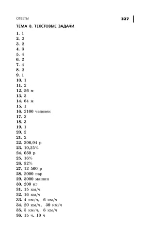 ÎÒÂÅÒÛ 327
ÒÅÌÀ 8. ÒÅÊÑÒÎÂÛÅ ÇÀÄÀ×È
1. 1
2. 2
3. 2
4. 3
5. 4
6. 2
7. 4
8. 2
9. 1
10. 1
11. 2
12. 56 ì
13. 3
14. 64 ì
15. 1
16. 2100 ÷åëîâåê
17. 3
18. 3
19. 1
20. 2
21. 2
22. 306,04 ð
23. 10,25%
24. 660 ð
25. 16%
26. 32%
27. 12 500 ð
28. 2000 ïàð
29. 3000 ìàøèí
30. 200 êã
31. 15 êì/÷
32. 16 êì/÷
33. 4 êì/÷, 6 êì/÷
34. 20 êì/÷, 30 êì/÷
35. 5 êì/÷, 6 êì/÷
36. 15 ÷, 10 ÷
 