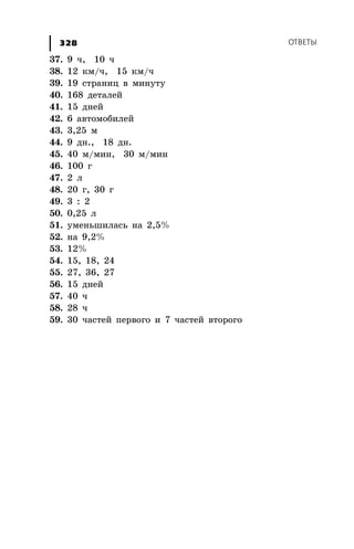 ÎÒÂÅÒÛ328
37. 9 ÷, 10 ÷
38. 12 êì/÷, 15 êì/÷
39. 19 ñòðàíèö â ìèíóòó
40. 168 äåòàëåé
41. 15 äíåé
42. 6 àâòîìîáèëåé
43. 3,25 ì
44. 9 äí., 18 äí.
45. 40 ì/ìèí, 30 ì/ìèí
46. 100 ã
47. 2 ë
48. 20 ã, 30 ã
49. 3 : 2
50. 0,25 ë
51. óìåíüøèëàñü íà 2,5%
52. íà 9,2%
53. 12%
54. 15, 18, 24
55. 27, 36, 27
56. 15 äíåé
57. 40 ÷
58. 28 ÷
59. 30 ÷àñòåé ïåðâîãî è 7 ÷àñòåé âòîðîãî
 