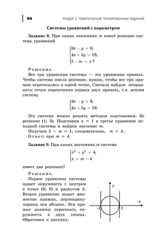 Ñèñòåìû óðàâíåíèé ñ ïàðàìåòðîì
Çàäàíèå 8. Ïðè êàêèõ çíà÷åíèÿõ m èìååò ðåøåíèå ñèñ-
òåìà óðàâíåíèé
3 0
4 5 19
5
x y
x y
m x
- =
+ =
- =
ì
í
ïïïï
î
ïïïï
,
,
?
Ð å ø å í è å.
Âñå òðè óðàâíåíèÿ ñèñòåìû — ýòî óðàâíåíèÿ ïðÿìûõ.
×òîáû ñèñòåìà èìåëà ðåøåíèå, íóæíî, ÷òîáû âñå òðè ïðÿ-
ìûå ïåðåñåêàëèñü â îäíîé òî÷êå. Ñíà÷àëà íàéäåì êîîðäè-
íàòû òî÷êè ïåðåñå÷åíèÿ ïåðâûõ äâóõ ïðÿìûõ, ò.å. ðåøèì
ñèñòåìó
3 0
4 5 19
x y
x y
- =
+ =
ì
í
ïï
îïï
,
.
Ýòó ñèñòåìó ìîæíî ðåøèòü ìåòîäîì ïîäñòàíîâêè. Åå
ðåøåíèå (1; 3). Ïîäñòàâèì õ = 1 â òðåòüå óðàâíåíèå èñ-
õîäíîé ñèñòåìû è íàéäåì çíà÷åíèå m.
Ïîëó÷èì 5 - m = 1, ñëåäîâàòåëüíî, m = 4.
Î ò â å ò: ïðè m = 4.
Çàäàíèå 9. Ïðè êàêèõ çíà÷åíèÿõ m ñèñòåìà
x y
x m
2 2
4
4
+ =
= -
ì
í
ïï
îïï
,
èìååò äâà ðåøåíèÿ?
Ð å ø å í è å.
Ïåðâîå óðàâíåíèå ñèñòåìû
çàäàåò îêðóæíîñòü ñ öåíòðîì
â òî÷êå (0; 0) è ðàäèóñîì 2.
Âòîðîå óðàâíåíèå çàäàåò ìíî-
æåñòâî ïðÿìûõ, ïåðïåíäèêó-
ëÿðíûõ îñè àáñöèññ. Ýòè ïðÿ-
ìûå äîëæíû ïåðåñåêàòü îê-
ðóæíîñòü â äâóõ òî÷êàõ.
Îáðàòèìñÿ ê ðèñóíêó.
ÐÀÇÄÅË 2. ÒÅÌÀÒÈ×ÅÑÊÈÅ ÒÐÅÍÈÐÎÂÎ×ÍÛÅ ÇÀÄÀÍÈß94
 
