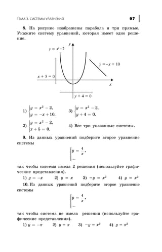 8. Íà ðèñóíêå èçîáðàæåíû ïàðàáîëà è òðè ïðÿìûå.
Óêàæèòå ñèñòåìó óðàâíåíèé, êîòîðàÿ èìååò îäíî ðåøå-
íèå.
1)
y x
y x
= -
= - +
ì
í
ïï
îïï
2
2
10
,
.
3)
y x
y
= -
+ =
ì
í
ïï
îïï
2
2
4 0
,
.
2)
y x
x
= -
+ =
ì
í
ïï
îïï
2
2
5 0
,
.
4) Âñå òðè óêàçàííûå ñèñòåìû.
9. Èç äàííûõ óðàâíåíèé ïîäáåðèòå âòîðîå óðàâíåíèå
ñèñòåìû
ó
õ
=ì
í
ïïï
î
ïïï
4
,
K
òàê ÷òîáû ñèñòåìà èìåëà 2 ðåøåíèÿ (èñïîëüçóéòå ãðàôè-
÷åñêèå ïðåäñòàâëåíèÿ).
1) y x= - 2) ó = x 3) -ó = x2 4) ó = x2
10. Èç äàííûõ óðàâíåíèé ïîäáåðèòå âòîðîå óðàâíåíèå
ñèñòåìû
ó
õ
=ì
í
ïïï
î
ïïï
4
,
K
òàê ÷òîáû ñèñòåìà íå èìåëà ðåøåíèÿ (èñïîëüçóéòå ãðà-
ôè÷åñêèå ïðåäñòàâëåíèÿ).
1) y x= - 2) ó = x 3) -ó = x2
4) ó = x2
ÒÅÌÀ 3. ÑÈÑÒÅÌÛ ÓÐÀÂÍÅÍÈÉ 97
 
