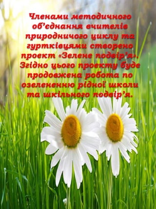 Членами методичного
об’єднання вчителів
природничого циклу та
гуртківцями створено
проект «Зелене подвір’я».
Згідно цього проекту буде
продовжена робота по
озелененню рідної школи
та шкільного подвір’я.

 