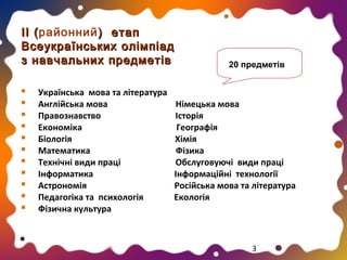 ІІ (районний ) етап
(
Всеукраїнських олімпіад
з навчальних предметів












Українська мова та література
Англійська мова
Правознавство
Економіка
Біологія
Математика
Технічні види праці
Інформатика
Астрономія
Педагогіка та психологія
Фізична культура

20 предметів

Німецька мова
Історія
Географія
Хімія
Фізика
Обслуговуючі види праці
Інформаційні технології
Російська мова та література
Екологія

3

 