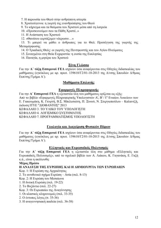 7. Η παρουσία του Θεού στην ανθρώπινη ιστορία
8. Χριστούγεννα: η γιορτή της ενανθρώπησης του Θεού
9. Το κήρυγμα και τα θαύματα του Χριστού μέσα από τη λατρεία
10. «Προσκυνούμεν σου τα Πάθη Χριστέ..»
11. Η Ανάσταση του Χριστού
12. «Θανάτου εορτάζομεν νέκρωσιν…»
13. Τι μπορεί να μάθει ο άνθρωπος για το Θεό; Προσέγγιση της γιορτής της
Μεταμόρφωσης
14. Ο Τριαδικός Θεός: οι γιορτές της Πεντηκοστής και του Αγίου Πνεύματος
15. Συναγμένοι στη Θεία Ευχαριστία: η ουσία της Εκκλησίας
16. Παναγία, η μητέρα του Χριστού

Ξένη Γλώσσα
Για την Α΄ τάξη Εσπερινού ΓΕΛ ισχύουν όσα αναφέρονται στις Οδηγίες διδασκαλίας του
μαθήματος (εγκύκλιος με αρ. πρωτ. 139610/Γ2/01-10-2013 της Δ/νσης Σπουδών Δ/θμιας
Εκπ/σης/Τμήμα Α΄).

Μαθήματα Επιλογής
Εφαρμογές Πληροφορικής
Για την Α΄ Εσπερινού ΓΕΛ η εξεταστέα ύλη του μαθήματος ορίζεται ως εξής:
Από το βιβλίο «Εφαρμογές Πληροφορικής Υπολογιστών Α', Β' / Γ' Ενιαίου Λυκείου» των
Ε. Γιακουμάκη, Κ. Γκυρτή, Β.Σ. Μπελεσιώτη, Π. Ξυνού, Ν. Στεργιοπούλου – Καλαντζή,
έκδοση ΙΤΥΕ "ΔΙΟΦΑΝΤΟΣ" 2013
ΚΕΦΑΛΑΙΟ 3. ΤΟ ΥΛΙΚΟ ΤΟΥ ΥΠΟΛΟΓΙΣΤΗ
ΚΕΦΑΛΑΙΟ 4. ΛΟΓΙΣΜΙΚΟ ΣΥΣΤΗΜΑΤΟΣ
ΚΕΦΑΛΑΙΟ 7. ΠΡΟΓΡΑΜΜΑΤΙΣΜΟΣ ΥΠΟΛΟΓΙΣΤΗ

Γεωλογία και Διαχείριση Φυσικών Πόρων
Για την Α΄ τάξη Εσπερινού ΓΕΛ ισχύουν όσα αναφέρονται στις Οδηγίες διδασκαλίας του
μαθήματος (εγκύκλιος με αρ. πρωτ. 139610/Γ2/01-10-2013 της Δ/νσης Σπουδών Δ/θμιας
Εκπ/σης/Τμήμα Α΄).

Ελληνικός και Ευρωπαϊκός Πολιτισμός
Για την Α΄ τάξη Εσπερινού ΓΕΛ η εξεταστέα ύλη στο μάθημα «Ελληνικός και
Ευρωπαϊκός Πολιτισμός», από το σχολικό βιβλίο των Α. Λιάκου, Κ. Γαγανάκη, Ε. Γαζή
κ.ά., είναι η ακόλουθη:
Μέρος Πρώτο
Η ΑΝΑΔΥΣΗ ΤΗΣ ΕΥΡΩΠΗΣ ΚΑΙ Η ΔΗΜΙΟΥΡΓΙΑ ΤΩΝ ΕΥΡΩΠΑΙΩΝ
Κεφ. 1: Η Ευρώπη της Αρχαιότητας
2. Το αντιθετικό σχήμα Ευρώπη – Ασία (σελ. 8-13)
Κεφ. 2: Η Ευρώπη του Μεσαίωνα
1. Η δυτική Ευρώπη (σελ. 19-22)
2. Το Βυζάντιο (σελ. 22-27)
Κεφ. 3: Οι Ευρωπαίοι της Αναγέννησης
1. Οι κλασικές κληρονομιές (σελ. 33-35)
2. Ο έντυπος λόγος (σ. 35-36)
3. Η αναγεννησιακή παιδεία (σελ. 36-38)

12

 