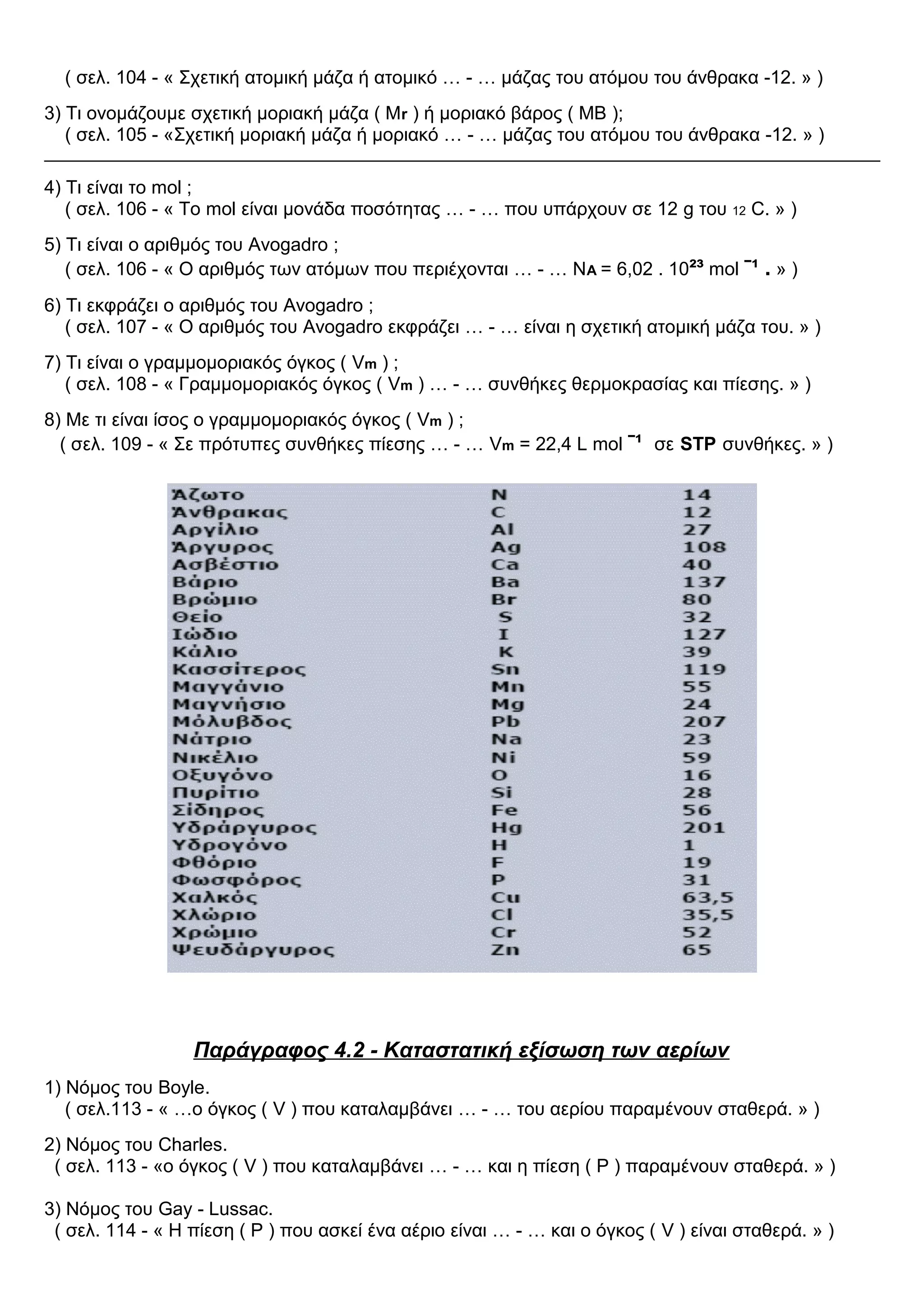 ( σελ. 104 - « Σχετική ατομική μάζα ή ατομικό … - … μάζας του ατόμου του άνθρακα -12. » )
3) Τι ονομάζουμε σχετική μοριακή μάζα ( Μr ) ή μοριακό βάρος ( ΜΒ );
( σελ. 105 - «Σχετική μοριακή μάζα ή μοριακό … - … μάζας του ατόμου του άνθρακα -12. » )
4) Τι είναι το mol ;
( σελ. 106 - « Το mol είναι μονάδα ποσότητας … - … που υπάρχουν σε 12 g του 12 C. » )
5) Τι είναι ο αριθμός του Avogadro ;
( σελ. 106 - « Ο αριθμός των ατόμων που περιέχονται … - … ΝΑ = 6,02 . 10²³ mol ˉ¹ . » )
6) Τι εκφράζει ο αριθμός του Avogadro ;
( σελ. 107 - « Ο αριθμός του Avogadro εκφράζει … - … είναι η σχετική ατομική μάζα του. » )
7) Τι είναι ο γραμμομοριακός όγκος ( Vm ) ;
( σελ. 108 - « Γραμμομοριακός όγκος ( Vm ) … - … συνθήκες θερμοκρασίας και πίεσης. » )
8) Με τι είναι ίσος ο γραμμομοριακός όγκος ( Vm ) ;
( σελ. 109 - « Σε πρότυπες συνθήκες πίεσης … - … Vm = 22,4 L mol ˉ¹ σε STP συνθήκες. » )
Παράγραφος 4.2 - Καταστατική εξίσωση των αερίων
1) Νόμος του Boyle.
( σελ.113 - « …ο όγκος ( V ) που καταλαμβάνει … - … του αερίου παραμένουν σταθερά. » )
2) Νόμος του Charles.
( σελ. 113 - «ο όγκος ( V ) που καταλαμβάνει … - … και η πίεση ( Ρ ) παραμένουν σταθερά. » )
3) Νόμος του Gay - Lussac.
( σελ. 114 - « Η πίεση ( Ρ ) που ασκεί ένα αέριο είναι … - … και ο όγκος ( V ) είναι σταθερά. » )
 