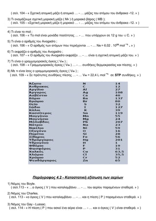 ( σελ. 104 - « Σχετική ατομική μάζα ή ατομικό … - … μάζας του ατόμου του άνθρακα -12. » )
3) Τι ονομάζουμε σχετική μοριακή μάζα ( Μr ) ή μοριακό βάρος ( ΜΒ );
( σελ. 105 - «Σχετική μοριακή μάζα ή μοριακό … - … μάζας του ατόμου του άνθρακα -12. » )
4) Τι είναι το mol ;
( σελ. 106 - « Το mol είναι μονάδα ποσότητας … - … που υπάρχουν σε 12 g του 12 C. » )
5) Τι είναι ο αριθμός του Avogadro ;
( σελ. 106 - « Ο αριθμός των ατόμων που περιέχονται … - … ΝΑ = 6,02 . 10²³ mol ˉ¹ . » )
6) Τι εκφράζει ο αριθμός του Avogadro ;
( σελ. 107 - « Ο αριθμός του Avogadro εκφράζει … - … είναι η σχετική ατομική μάζα του. » )
7) Τι είναι ο γραμμομοριακός όγκος ( Vm ) ;
( σελ. 108 - « Γραμμομοριακός όγκος ( Vm ) … - … συνθήκες θερμοκρασίας και πίεσης. » )
8) Με τι είναι ίσος ο γραμμομοριακός όγκος ( Vm ) ;
( σελ. 109 - « Σε πρότυπες συνθήκες πίεσης … - … Vm = 22,4 L mol ˉ¹ σε STP συνθήκες. » )
Παράγραφος 4.2 - Καταστατική εξίσωση των αερίων
1) Νόμος του Boyle.
( σελ.113 - « …ο όγκος ( V ) που καταλαμβάνει … - … του αερίου παραμένουν σταθερά. » )
2) Νόμος του Charles.
( σελ. 113 - «ο όγκος ( V ) που καταλαμβάνει … - … και η πίεση ( Ρ ) παραμένουν σταθερά. » )
3) Νόμος του Gay - Lussac.
( σελ. 114 - « Η πίεση ( Ρ ) που ασκεί ένα αέριο είναι … - … και ο όγκος ( V ) είναι σταθερά. » )
 