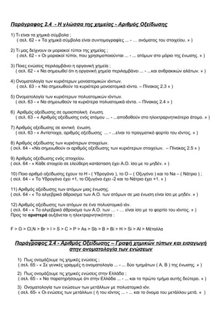 Παράγραφος 2.4 - Η γλώσσα της χημείας - Αριθμός Οξείδωσης
1) Τι είναι τα χημικά σύμβολα ;
( σελ. 62 - « Τα χημικά σύμβολα είναι συντομογραφίες ... - … ονόματος του στοιχείου. » )
2) Τι μας δείχνουν οι μοριακοί τύποι της χημείας ;
( σελ. 62 - « Οι μοριακοί τύποι, που χρησιμοποιούνται ... - ... ατόμων στο μόριο της ένωσης. » )
3) Ποιες ενώσεις περιλαμβάνει η οργανική χημεία ;
( σελ. 62 - « Να σημειωθεί ότι η οργανική χημεία περιλαμβάνει ... - ...και ανθρακικών αλάτων. » )
4) Ονοματολογία των κυριότερων μονοατομικών ιόντων.
( σελ. 63 - « Να σημειωθούν τα κυριότερα μονοατομικά ιόντα. – Πίνακας 2.3 » )
5) Ονοματολογία των κυριότερων πολυατομικών ιόντων.
( σελ. 63 - « Να σημειωθούν τα κυριότερα πολυατομικά ιόντα. – Πίνακας 2.4 » )
6) Αριθμός οξείδωσης σε ομοιοπολική ένωση.
( σελ. 63 - « Αριθμός οξείδωσης ενός ατόμου ... - ...αποδοθούν στο ηλεκτραρνητικότερο άτομο. » )
7) Αριθμός οξείδωσης σε ιοντική ένωση.
( σελ. 63 - « Αντίστοιχα, αριθμός οξείδωσης ... - ...είναι το πραγματικό φορτίο του ιόντος. » )
8) Αριθμός οξείδωσης των κυριότερων στοιχείων.
( σελ. 64 - «Να σημειωθούν οι αριθμός οξείδωσης των κυριότερων στοιχείων. – Πίνακας 2.5 » )
9) Αριθμός οξείδωσης ενός στοιχείου.
( σελ. 64 - « Κάθε στοιχείο σε ελεύθερη κατάσταση έχει Α.Ο. ίσο με το μηδέν. » )
10) Ποιο αριθμό οξείδωσης έχουν το Η - ( Υδρογόνο ), το Ο – ( Οξυγόνο ) και το Na – ( Νάτριο ) ;
( σελ. 64 - « Το Υδρογόνο έχει +1, το Οξυγόνο έχει -2 και το Νάτριο έχει +1. » )
11) Αριθμός οξείδωσης των ατόμων μιας ένωσης.
( σελ. 64 - « Το αλγεβρικό άθροισμα των Α.Ο. των ατόμων σε μια ένωση είναι ίσο με μηδέν. » )
12) Αριθμός οξείδωσης των ατόμων σε ένα πολυατομικό ιόν.
( σελ. 64 - « Το αλγεβρικό άθροισμα των Α.Ο. των … - … είναι ίσο με το φορτίο του ιόντος. » )
Προς τα αριστερά αυξάνεται η ηλεκτραρνητικότητα :
F > O > Cl,N > Br > I > S > C > P > As > Sb > B > Bi > H > Si > Al > Μέταλλα
Παράγραφος 2.4 - Αριθμός Οξείδωσης – Γραφή χημικών τύπων και εισαγωγή
στην ονοματολογία των ενώσεων
1) Πως ονομάζουμε τις χημικές ενώσεις ;
( σελ. 65 - « Σε γενικές γραμμές η ονοματολογία ... - ... δύο τμημάτων ( Α, Β ) της ένωσης. » )
2) Πως ονομάζουμε τις χημικές ενώσεις στην Ελλάδα ;
( σελ. 65 - « Να παρατηρήσουμε ότι στην Ελλάδα ... - ... και το πρώτο τμήμα αυτής δεύτερο. » )
3) Ονοματολογία των ενώσεων των μετάλλων με πολυατομικό ιόν.
( σελ. 65- « Οι ενώσεις των μετάλλων ( ή του ιόντος ... - ... και το όνομα του μετάλλου μετά. » )
 