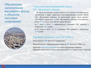 Обеспечение
эксплуатации
жилищного фонда
и объектов
мостовых
сооружений
Управление многоквартирными домами
ГБУ «Жилищник» районов
В городе интенсивно ведѐтся работа по созданию альтернативных
организаций в сфере управления многоквартирными домами (МКД)
ГБУ «Жилищник» районов. За прошедший период было принято
7535 МКД в управление 44 ГБУ «Жилищник» районов, что составляет
более 22% от числа всех МКД в городе Москве:
на I этапе в 2013г. 9 первоначально созданных ГБУ приняли в
управление 2397 домов;
на II этапе в 2014г. из 35 созданных ГБУ приняли в управление
5138 домов.
12
В рамках подготовки к зиме 2013-2014 гг.:
Подготовлено 590 мостовых сооружений.
Проведѐн ремонт деформационных швов на 48 объектах (5 044 п. м).
Проведѐн капитальный ремонт мостового сооружения Ховрино-
Борисово, пешеходного моста «Ростокинский-3», 11 пешеходных тоннелей.
12
 