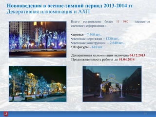 Нововведения в осенне-зимний период 2013-2014 гг
Декоративная иллюминация и АХП
16
Всего установлено более 11 980 элементов
светового оформления :
•деревья – 7 500 шт.,
•световые перетяжки – 1230 шт.,
•световые конструкции – 2 640 шт.,
•3D фигуры – 610 шт.
Декоративная иллюминация включена 04.12.2013
Продолжительность работы до 01.04.2014
16
 