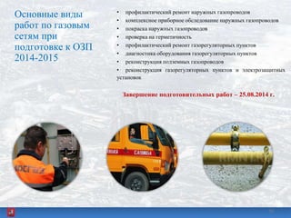 Основные виды
работ по газовым
сетям при
подготовке к ОЗП
2014-2015
• профилактический ремонт наружных газопроводов
• комплексное приборное обследование наружных газопроводов
• покраска наружных газопроводов
• проверка на герметичность
• профилактический ремонт газорегуляторных пунктов
• диагностика оборудования газорегуляторных пунктов
• реконструкция подземных газопроводов
• реконструкция газорегуляторных пунктов и электрозащитных
установок
Завершение подготовительных работ – 25.08.2014 г.
3030
 