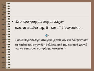 • Στο πρόγραμμα συμμετείχαν
όλα τα παιδιά της Β΄ και Γ΄ Γυμνασίου ,
( αλλά περισσότερα στοιχεία ζητήθηκαν και δόθηκαν από
τα παιδιά που είχαν ήδη δηλώσει από την περσινή χρονιά
για να υπάρχουν συγκρίσιμα στοιχεία ).
 