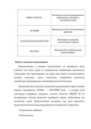 МБОУ СОШ №1
Реализация системы непрерывного
образования, обучения и
воспитания детей
АГПМПК
Выявление детей с отклонениями в
развитии
Азовский краеведческий музей
Проведение экскурсий,
тематических занятий
МУЗ ЦГБ
Медицинское сопровождение
воспитанников
Работа с семьями воспитанников
Взаимодействие с семьями воспитанников на протяжении всего
учебного года было одним из приоритетных направлений деятельности
учреждения. Оно ориентировано на поиск таких форм и методов работы,
которые позволяют учесть актуальные потребности родителей,
способствуют формированию активной родительской позиции.
Взаимодействие педагогов и родителей осуществляется через создание
единого пространства СЕМЬЯ - ДЕТСКИЙ САД, в котором всем
участникам комфортно, интересно, полезно. Педагоги МБДОУ № 22
поддерживает желание родителей приобрести знания, необходимые для
воспитания детей. Педагогический коллектив для этого предлагает
родителям различные виды сотрудничества и совместного творчества:
- Родительские собрания;
- Консультации;
 
