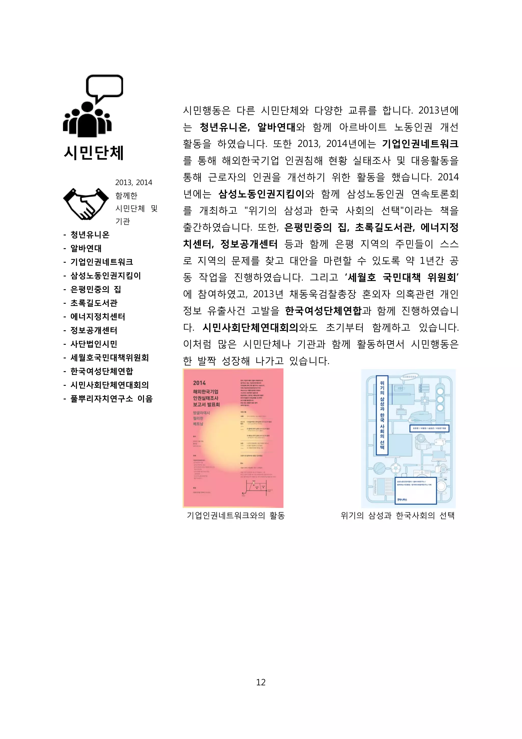 시민단체
- 청년유니온
- 알바연대
- 기업인권네트워크
- 삼성노동인권지킴이
- 은평민중의 집
- 초록길도서관
- 에너지정치센터
- 정보공개센터
- 사단법인시민
- 세월호국민대책위원회
- 한국여성단체연합
- 시민사회단체연대회의
- 풀뿌리자치연구소 이음
시민행동은 다른 시민단체와 다양한 교류를 합니다. 2013년에
는 청년유니온, 알바연대와 함께 아르바이트 노동인권 개선
활동을 하였습니다. 또한 2013, 2014년에는 기업인권네트워크
를 통해 해외한국기업 인권침해 현황 실태조사 및 대응활동을
통해 근로자의 인권을 개선하기 위한 활동을 했습니다. 2014
년에는 삼성노동인권지킴이와 함께 삼성노동인권 연속토론회
를 개최하고 "위기의 삼성과 한국 사회의 선택"이라는 책을
출간하였습니다. 또한, 은평민중의 집, 초록길도서관, 에너지정
치센터, 정보공개센터 등과 함께 은평 지역의 주민들이 스스
로 지역의 문제를 찾고 대안을 마련할 수 있도록 약 1년간 공
동 작업을 진행하였습니다. 그리고 ‘세월호 국민대책 위원회’
에 참여하였고, 2013년 채동욱검찰총장 혼외자 의혹관련 개인
정보 유출사건 고발을 한국여성단체연합과 함께 진행하였습니
다. 시민사회단체연대회의와도 초기부터 함께하고 있습니다.
이처럼 많은 시민단체나 기관과 함께 활동하면서 시민행동은
한 발짝 성장해 나가고 있습니다.
기업인권네트워크와의 활동 위기의 삼성과 한국사회의 선택
2013, 2014
함께한
시민단체 및
기관
12
 