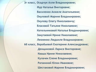 3г класс, Осадчук Алле Владимировне;
Фур Наталье Викторовне;
Василенко Анжеле Анатольевне;
Окуловой Марине Владимировне;
Окулову Олегу Николаевичу;
Власовой Татьяне Николаевне;
Котельниковой Наталье Владимировне;
Закутаевой Ирине Николаевне;
Леоненко Людмиле Владимировне;
6б класс, Воробьевой Екатерине Александровне;
Денщиковой Ларисе Викторовне;
Кваша Ирине Николаевне;
Кулачек Елене Владимировне;
Ратаниной Юлии Ивановне;
Шестаковой Марине Владимировне;
 