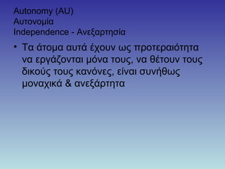 Autonomy (AU)
Αυτονομία
Independence - Ανεξαρτησία
• Τα άτομα αυτά έχουν ως προτεραιότητα
να εργάζονται μόνα τους, να θέτουν τους
δικούς τους κανόνες, είναι συνήθως
μοναχικά & ανεξάρτητα
 