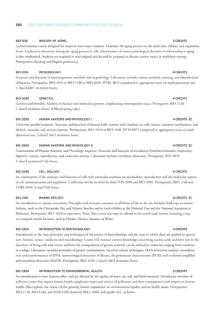 302 2013-2014 Prince George’s Community College Catalog
BIO-1250 	Biology of Aging. 	 3 Credits
Lecture/seminar course designed for major or non-major students. Examines the aging process on the molecular, cellular, and organismic
levels. Emphasizes alterations during the aging process in cells. Examination of various pathological disorders in relationship to aging
is also emphasized. Students are required to read original articles and be prepared to discuss current topics in workshop settings.
Prerequisites: Reading and English proficiency.
BIO-2010 	Microbiology. 	 4 Credits
Structure and function of microorganisms and their role in pathology. Laboratory includes culture methods, staining, and identification
of bacteria. Prerequisite: BIO-1010 or BIO-1140 or BIO-2050. DVM- 0071 completed or appropriate score on math placement test.
2 class/4 lab/1 recitation hours.
BIO-2030 	Genetics. 	 4 Credits
Genetics and heredity. Analysis of classical and molecular genetics, emphasizing contemporary issues. Prerequisite: BIO-1140.
3 class/2 recitation hours. (Offered spring only.)
BIO-2050 	Human Anatomy and Physiology I. 	 4 Credits	 Sc
University-parallel sequence. Structure and function of human body systems with emphasis on cells, tissues, transport mechanisms, and
skeletal, muscular and nervous systems. Prerequisites: BIO-1010 or BIO-1140. DVM-0071 completed or appropriate score on math
placement test. 3 class/3 lab/1 recitation hours.
BIO-2060 	Human Anatomy and Physiology II. 	 4 Credits	 Sc
Continuation of Human Anatomy and Physiology sequence. Structure and function of circulatory, lymphatic/immune, respiratory,
digestive, urinary, reproductive, and endocrine systems. Laboratory includes vertebrate dissection. Prerequisite: BIO-2050.
3 class/1 recitation/3 lab hours.
BIO-2090 	 Cell Biology. 	 4 Credits
An examination of the structure and function of cells with particular emphasis on metabolism, reproduction and the molecular aspects
of cell communication and regulation. Credit may not be received for both FOS-2090 and BIO-2090. Prerequisites: BIO-1140 and
CHM-1010. 3 class/3 lab hours.
BIO-2100 	Marine Biology. 	 4 Credits	 Sc
An introduction to marine ecosystems. Principles and processes common to all forms of life in the sea. Includes field trips to marine
habitats, such as the Chesapeake Bay and Atlantic beaches and to local exhibits at the National Zoo and the National Aquarium in
Baltimore. Prerequisite: BIO-1010 or equivalent. Note: This course also may be offered in the travel study format, featuring a trip
to a tropical marine location, such as Florida, Mexico, Jamaica, or Belize.
BIO-2250 	 Introduction to Biotechnology. 	 4 Credits
Introduction to the basic principles and techniques of the science of biotechnology and the ways in which these are applied to agricul-
ture, forensic science, medicine and microbiology. Course will examine current knowledge concerning nucleic acids and their role in the
functions of living cells and viruses and how the manipulation of genetic material can be utilized in industries ranging from medicine
to ecology. Laboratory includes principles of genetic manipulation, bacterial culture techniques, DNA restriction analysis, recombina-
tion and transformation of DNA, immunological detection of disease, the polymerase chain reaction (PCR), and randomly amplified
polymorphism detection (RAPD). Prerequisite: BIO-1140. 2 class/4 lab/1 recitation hours.
BIO-2300 	 Introduction to Environmental Health. 	 3 Credits
An introduction to how humans affect and are affected by the quality of water, air, soil, and food resources. Provides an overview of
pollution issues that impact human health; emphasizes types and sources of pollutants and their consequences with respect to human
health. Also explores the impact of the growing human population on environmental quality and on health issues. Prerequisites:
BIO-1130, BIO-1140, and MAT-0104 (formerly MAT-1040) with grades of C or better.
 