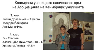 Класирани ученици за национален кръг
на Асоциацията на Кеймбридж училищата
3. клас
Калин Долапчиев – 3.място
Теодора Йосифова
Анх Минх Фам
4. клас
Ели Спасова
Александър Димитров - 48.5 т.
Христина Лекова - 44.5 т.
 