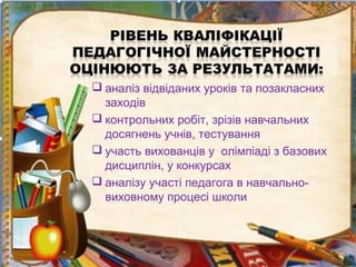  аналіз відвіданих уроків та позакласних
заходів
 контрольних робіт, зрізів навчальних
досягнень учнів, тестування
 участь вихованців у олімпіаді з базових
дисциплін, у конкурсах
 аналізу участі педагога в навчально-
виховному процесі школи
 
