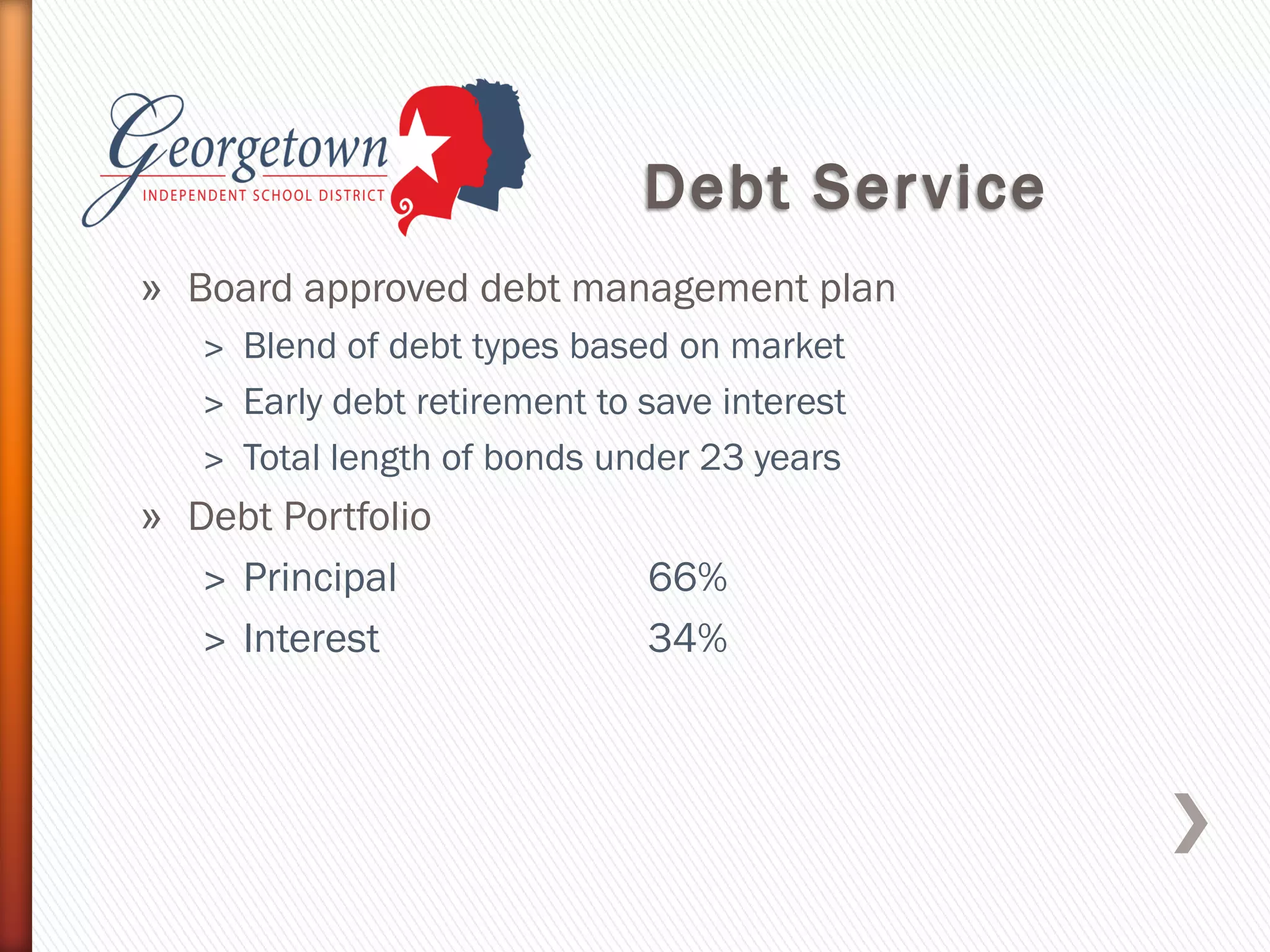 » Board approved debt management plan
˃ Blend of debt types based on market
˃ Early debt retirement to save interest
˃ Total length of bonds under 23 years
» Debt Portfolio
˃ Principal 66%
˃ Interest 34%
 