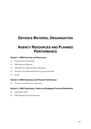 107
DEFENCE MATERIEL ORGANISATION
AGENCY RESOURCES AND PLANNED
PERFORMANCE
Section 1: DMO Overview and Resources
1.1 Strategic Direction Statement
1.2 DMO Resource Statement
1.3 DMO Measures Table and Other Adjustments
1.4 Breakdown of Additional Estimates by Appropriation Bill
1.5 People
Section 2: DMO Outcomes and Planned Performance
2.1 Outcomes and Performance Information
Section 3: DMO Explanatory Tables and Budgeted Financial Statements
3.1 Explanatory Tables
3.2 DMO Budgeted Financial Statements
 
