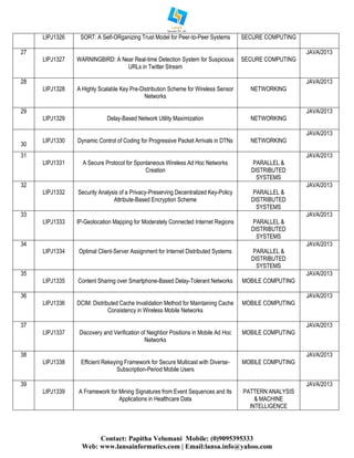 Contact: Papitha Velumani Mobile: (0)9095395333
Web: www.lansainformatics.com | Email:lansa.info@yahoo.com
LIPJ1326 SORT: A Self-ORganizing Trust Model for Peer-to-Peer Systems SECURE COMPUTING
27
LIPJ1327 WARNINGBIRD: A Near Real-time Detection System for Suspicious
URLs in Twitter Stream
SECURE COMPUTING
JAVA/2013
28
LIPJ1328 A Highly Scalable Key Pre-Distribution Scheme for Wireless Sensor
Networks
NETWORKING
JAVA/2013
29
LIPJ1329 Delay-Based Network Utility Maximization NETWORKING
JAVA/2013
30
LIPJ1330 Dynamic Control of Coding for Progressive Packet Arrivals in DTNs NETWORKING
JAVA/2013
31
LIPJ1331 A Secure Protocol for Spontaneous Wireless Ad Hoc Networks
Creation
PARALLEL &
DISTRIBUTED
SYSTEMS
JAVA/2013
32
LIPJ1332 Security Analysis of a Privacy-Preserving Decentralized Key-Policy
Attribute-Based Encryption Scheme
PARALLEL &
DISTRIBUTED
SYSTEMS
JAVA/2013
33
LIPJ1333 IP-Geolocation Mapping for Moderately Connected Internet Regions PARALLEL &
DISTRIBUTED
SYSTEMS
JAVA/2013
34
LIPJ1334 Optimal Client-Server Assignment for Internet Distributed Systems PARALLEL &
DISTRIBUTED
SYSTEMS
JAVA/2013
35
LIPJ1335 Content Sharing over Smartphone-Based Delay-Tolerant Networks MOBILE COMPUTING
JAVA/2013
36
LIPJ1336 DCIM: Distributed Cache Invalidation Method for Maintaining Cache
Consistency in Wireless Mobile Networks
MOBILE COMPUTING
JAVA/2013
37
LIPJ1337 Discovery and Verification of Neighbor Positions in Mobile Ad Hoc
Networks
MOBILE COMPUTING
JAVA/2013
38
LIPJ1338 Efficient Rekeying Framework for Secure Multicast with Diverse-
Subscription-Period Mobile Users
MOBILE COMPUTING
JAVA/2013
39
LIPJ1339 A Framework for Mining Signatures from Event Sequences and Its
Applications in Healthcare Data
PATTERN ANALYSIS
& MACHINE
INTELLIGENCE
JAVA/2013
 