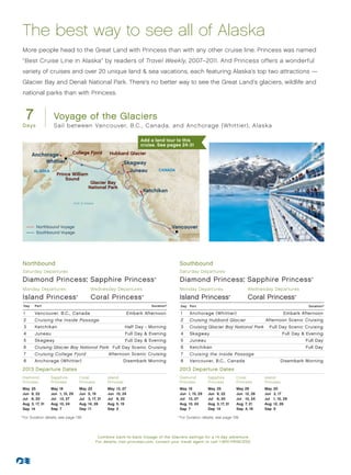 The best way to see all of Alaska
      More people head to the Great Land with Princess than with any other cruise line. Princess was named
      “Best Cruise Line in Alaska” by readers of Travel Weekly, 2007–2011. And Princess offers a wonderful
      variety of cruises and over 20 unique land  sea vacations, each featuring Alaska’s top two attractions —
      Glacier Bay and Denali National Park. There’s no better way to see the Great Land’s glaciers, wildlife and
      national parks than with Princess.



          7             Voyage of the Glaciers
      Days              Sail bet ween Vancouver, B.C., Canada, and Anchorage ( Whit tier), Alaska

                                                                                  Add a land tour to this
                                                                                  cruise. See pages 24-31

            Anchorage               College Fjord               Hubbard Glacier
                 Whittier                                                 Skagway
              ALASKA                                                        Juneau                    CANADA
                          Prince William
                              Sound
                                                      Glacier Bay
                                                     National Park
                                                                                        Ketchikan

                                        Gulf of Alaska
                                                                               Inside
                                                                                  Pa




                                                                                        ag
                                                                                    ss




                                                                                             e


              Northbound Voyage                                                                              Vancouver
              Southbound Voyage


          Alaska - Voyage of the Glaciers 013_R3


      Northbound                                                                                                     Southbound
      Saturday Departures                                                                                            Saturday Departures

      Diamond Princess, Sapphire Princess        ®                                                ®
                                                                                                                     Diamond Princess, Sapphire Princess    ®                                ®




      Monday Departures		                             Wednesday Departures                                           Monday Departures		                        Wednesday Departures

      Island Princess 	                  ®
                                                      Coral Princess                ®
                                                                                                                     Island Princess 	             ®
                                                                                                                                                                Coral Princess         ®




      Day     Port                                                                               Duration^            Day Port                                                              Duration^

      1       Vancouver, B.C., Canada                                      Embark Afternoon                           1    Anchorage (Whittier)                                   Embark Afternoon
      2       Cruising the Inside Passage                                                                             2    Cruising Hubbard Glacier                   Afternoon Scenic Cruising
      3       Ketchikan                                                   Half Day - Morning                          3    Cruising Glacier Bay National Park	 Full Day Scenic Cruising
      4       Juneau                                                      Full Day  Evening                          4    Skagway                                               Full Day  Evening
      5       Skagway                                                     Full Day  Evening                          5    Juneau                                                          Full Day
      6       Cruising Glacier Bay National Park	 Full Day Scenic Cruising                                            6    Ketchikan                                                       Full Day
      7       Cruising College Fjord                           Afternoon Scenic Cruising                              7    Cruising the Inside Passage
      8       Anchorage (Whittier)                                        Disembark Morning                           8    Vancouver, B.C., Canada                               Disembark Morning
      2013 Departure Dates                                                                                           2013 Departure Dates
      Diamond          Sapphire              Coral             Island                                                Diamond          Sapphire         Coral          Island
      Princess         Princess              Princess          Princess                                              Princess         Princess         Princess       Princess
      May	 25          May 18                May	 22           May	 13, 27                                           May	 18          May	 25          May 29         May	 20
      Jun	 8, 22       Jun	 1, 15, 29        Jun	 5, 19        Jun	 10, 24                                           Jun	 1, 15, 29   Jun	 8, 22       Jun	 12, 26    Jun	 3, 17
      Jul	 6, 20       Jul	 13, 27           Jul	 3, 17, 31    Jul	 8, 22                                            Jul	 13, 27      Jul	 6, 20       Jul	 10, 24    Jul	 1, 15, 29
      Aug	 3, 17, 31   Aug	 10, 24           Aug	 14, 28       Aug	 5, 19                                            Aug	 10, 24      Aug	 3, 17, 31   Aug	 7, 21     Aug	 12, 26
      Sep	 14          Sep	 7                Sep	 11           Sep	 2                                                Sep	 7           Sep	 14          Sep	 4, 18     Sep	 9
	 ^
   	For Duration details, see page 139.                                                                        	 ^
                                                                                                                     	For Duration details, see page 139.




                                                          Combine back-to-back Voyage of the Glaciers sailings for a 14-day adventure.
                                                         For details, visit princess.com, contact your travel agent or call 1-800-PRINCESS.
 