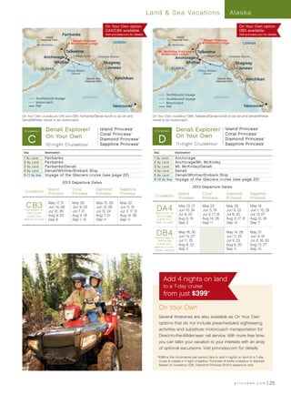 Land  Sea Vacations                                              Alaska

                                                                      On Your Own option                                                                                             On Your Own option
                                                                      CAX/CBX available                                                                                              DBX available
                                  Fairbanks                           Visit princess.com for details.                                                                                Visit princess.com for details.
                     Denali                                                                                                       Denali
                  National Park        Denali Princess                                                                         National Park        Denali Princess
                                      Wilderness Lodge                      CANADA                                                                 Wilderness Lodge                    CANADA
           Mt. McKinley                                                                                                 Mt. McKinley

                              Talkeetna                                                                          Mt. McKinley Princess     Talkeetna
                                                                                                                  Wilderness Lodge
                                  College Fjord                                                                                                College Fjord
                    Anchorage                                    Hubbard Glacier
                                                                                                                                 Anchorage                                    Hubbard Glacier

                        Whittier                                     Skagway                                                         Whittier                                     Skagway
               ALASKA                                                  Juneau                                               ALASKA                                                 Juneau
                                    Prince William                                                                                               Prince William
                                        Sound                                                                                                        Sound
                                                   Glacier Bay                     Ketchikan                                                                    Glacier Bay                     Ketchikan
                                                  National Park                                                                                                National Park




                                                                          Inside




                                                                                                                                                                                       Inside
                                                                                                                       Northbound Voyage




                                                                            Pa




                                                                                                                                                                                         Pa
                                                                              ss




                                                                                                                                                                                           ss
                                                Gulf of Alaska                     ge                                                                        Gulf of Alaska                     ge
          Southbound Voyage




                                                                                   a




                                                                                                                                                                                                a
                                                                                                                       Southbound Voyage
          Motorcoach                                                                                                   Motorcoach
          Rail                                                              Vancouver                                  Rail                                                              Vancouver

On Your Own cruisetours CAX and CBX, Fairbanks/Denali transit is via rail and                                On Your Own cruisetour DBX, Talkeetna/Denali transit is via rail and Denali/Whittier
   Alaska013 - S - R2 (CB3)                                                                                       Alaska013 - N/S - R1 (DA4, DB4)
Denali/Whittier transit is via motorcoach.                                                                   transit is via motorcoach.


 Cruis etour         Denali Explorer/                             Island Princess                   ®

                                                                                                              Cruis etour         Denali Explorer/                     Island Princess                       ®




                                                                  Coral Princess                                                                                       Coral Princess
                                                                                                                                  On Your Own
                                                                                                                 D
                                                                                                                                                                                                         ®




    C
                                                                                                ®


                     On Your Own                                  Diamond Princess                      ®
                                                                                                                                                                       Diamond Princess                          ®




                     10-night Cruisetour                          Sapphire Princess                     ®
                                                                                                                                  1 1-night Cruisetour                 Sapphire Princess                         ®




 Day                Destination                                                                               Day                Destination

 1 By Land          Fairbanks                                                                                 1 By Land          Anchorage
 2 By L and         Fairbanks                                                                                 2 By Land          Anchorage/Mt. McKinley
 3 By Land          Fairbanks/Denali                                                                          3 By Land          Mt. McKinley/Denali
 4 By Land          Denali/Whittier/Embark Ship                                                               4 By Land          Denali
 5 -1 1 By S ea     Voyage of the Glaciers cruise (see page 22)                                               5 By Land          Denali/Whittier/Embark Ship
                                                                                                              6 -1 2 By S ea     Voyage of the Glaciers cruise (see page 22)
                                  2013 Departure Dates
                                                                                                                                               2013 Departure Dates
                       Island          Coral                Diamond                     Sapphire
 Cruisetour
                       Princess        Princess             Princess                    Princess                                    Island          Coral               Diamond                      Sapphire
                                                                                                              Cruisetour
                                                                                                                                    Princess        Princess            Princess                     Princess

  CB3
  Fairbanks to
                       May 17, 31
                       Jun 14, 28
                                       May 26
                                       Jun 9, 23
                                                            May 15, 29
                                                            Jun 12, 26
                                                                                        May 22
                                                                                        Jun 5, 19
                                                                                                               DA4                  May 13, 27
                                                                                                                                    Jun 10, 24
                                                                                                                                                    May 22
                                                                                                                                                    Jun 5, 19
                                                                                                                                                                        May 25
                                                                                                                                                                        Jun 8, 22
                                                                                                                                                                                                     May 18
                                                                                                                                                                                                     Jun 1, 15, 29
   Vancouver
                       Jul 12, 26      Jul 7, 21            Jul 10, 24                  Jul 3, 17, 31          Vancouver to
   (Land tour          Aug 9, 23       Aug 4, 18            Aug 7, 21                   Aug 14, 28              Anchorage
                                                                                                                                    Jul 8, 22       Jul 3, 17, 31       Jul 6, 20                    Jul 13, 27
 before cruise)        Sep 6           Sep 1, 15            Sep 4                       Sep 11                  (Land tour          Aug 5, 19       Aug 14, 28          Aug 3, 17, 31                Aug 10, 24
                                                                                                               af ter cruise)       Sep 2           Sep 11              Sep 14                       Sep 7


                                                                                                               DB4
                                                                                                              Anchorage to
                                                                                                                                    May 16, 30
                                                                                                                                    Jun 13, 27
                                                                                                                                                                        May 14, 28
                                                                                                                                                                        Jun 11, 25
                                                                                                                                                                                                     May 21
                                                                                                                                                                                                     Jun 4, 18
                                                                                                               Vancouver            Jul 11, 25                          Jul 9, 23                    Jul 2, 16, 30
                                                                                                               (Land tour           Aug 8, 22                           Aug 6, 20                    Aug 13, 27
                                                                                                              before cruise,
                                                                                                              shown above)          Sep 5                               Sep 3                        Sep 10




                                                                                                                     Add 4 nights on land
                                                                                                                     to a 7-day cruise
                                                                                                                     from just $399*

                                                                                                                 On Your Own
                                                                                                                 Several itineraries are also available as On Your Own
                                                                                                                 options that do not include prescheduled sightseeing
                                                                                                                 activities and substitute motorcoach transportation for
                                                                                                                 Direct-to-the-Wilderness rail service. With more free time,
                                                                                                                                                    ®




                                                                                                                 you can tailor your vacation to your interests with an array
                                                                                                                 of optional excursions. Visit princess.com for details.

                                                                                                               	*	 399 is the incremental per person fare to add 4 nights on land to a 7-day
                                                                                                                  $
                                                                                                                  cruise to create a 11-night cruisetour. Purchase of entire cruisetour is required.
                                                                                                                  Based on cruisetour EBX, Diamond Princess 5/14/13 departure only.




                                                                                                                                                                                 princess.com                        25
 