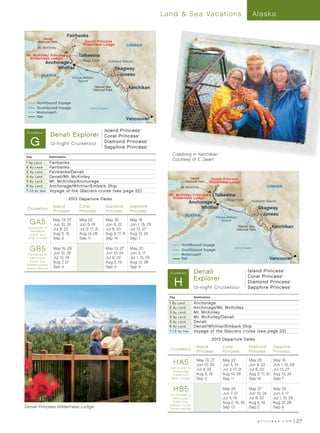 Land  Sea Vacations                                            Alaska


                                Fairbanks
           Denali
        National Park                    Denali Princess
                                        Wilderness Lodge                   CANADA
       Mt. McKinley

Mt. McKinley Princess                 Talkeetna
 Wilderness Lodge
                                      College Fjord           Hubbard Glacier
             Anchorage
                  Whittier                                       Skagway
          ALASKA                                                   Juneau
                                  Prince William
                                      Sound
                                                Glacier Bay
                                               National Park
                                                                                Ketchikan




                                                                       Inside
       Northbound Voyage




                                                                         Pa
       Southbound Voyage



                                                                           ss
                                             Gulf of Alaska                     ge




                                                                                a
       Motorcoach
       Rail
                                                                          Vancouver

Alaska013 - N/S - R6 (GA5, GB5)                         Island Princess                  ®

Cruis etour
                  Denali Explorer                       Coral Princess
   G
                                                                                     ®




                  12-night Cruisetour                   Diamond Princess                     ®




                                                        Sapphire Princess                    ®




                                                                                                     Crabbing in Ketchikan
Day               Destination
                                                                                                     Courtesy of E. Zwart
1 By Land         Fairbanks
2 By L and        Fairbanks
3 By Land         Fairbanks/Denali
4 By Land         Denali/Mt. McKinley                                                                           Denali          Denali Princess
5 By Land         Mt. McKinley/Anchorage                                                                     National Park     Wilderness Lodge
6 By Land         Anchorage/Whittier/Embark Ship                                                          Mt. McKinley                                                    CANADA
7-1 3 By S ea     Voyage of the Glaciers cruise (see page 22)
                                                                                                   Mt. McKinley Princess            Talkeetna
                                2013 Departure Dates                                                Wilderness Lodge                     College Fjord
                                                                                                                   Anchorage                                     Hubbard Glacier
                    Island            Coral              Diamond                Sapphire                                Whittier                                    Skagway
 Cruisetour
                    Princess          Princess           Princess               Princess
                                                                                                             ALASKA                                                   Juneau
                                                                                                                                    Prince William
  GA5               May 13, 27
                    Jun 10, 24
                                      May 22
                                      Jun 5, 19
                                                         May 25
                                                         Jun 8, 22
                                                                                May 18
                                                                                Jun 1, 15. 29
                                                                                                                                        Sound

 Vancouver to
                    Jul 8, 22         Jul 3, 17, 31      Jul 6, 20              Jul 13, 27
                                                                                                                                                   Glacier Bay                      Ketchikan
                                                                                                                                                  National Park
  Fairbanks
  (Land tour        Aug 5, 19         Aug 14, 28         Aug 3, 17, 31          Aug 10, 24
 af ter cruise)     Sep 2             Sep 11             Sep 14                 Sep 7




                                                                                                                                                                          In side
                                                                                                           Northbound Voyage




                                                                                                                                                                             Pa
  GB5                                                                                                                                                                               ag




                                                                                                                                                                               ss
                    May 15, 29                           May 13, 27             May 20                     Southbound Voyage
                                                                                                                                                Gulf of Alaska                           e


  Fairbanks to      Jun 12, 26                           Jun 10, 24             Jun 3. 17                  Motorcoach
   Vancouver        Jul 10, 24                           Jul 8, 22              Jul 1, 15, 29              Rail                                                              Vancouver
   (Land tour       Aug 7, 21                            Aug 5, 19              Aug 12, 26
 before cruise,
 shown above)       Sep 4                                Sep 2                  Sep 9
                                                                                                                    - Denali
                                                                                                                                                           Island Princess                       ®


                                                                                                    Alaska013
                                                                                                   Cruis etour        N/S - R5 (HA5, HB5)
                                                                                                                                                           Coral Princess
                                                                                                                     Explorer
                                                                                                      H
                                                                                                                                                                                             ®




                                                                                                                                                           Diamond Princess                          ®




                                                                                                                     12-night Cruisetour                   Sapphire Princess                         ®




                                                                                                   Day               Destination

                                                                                                   1 By Land         Anchorage
                                                                                                   2 By Land         Anchorage/Mt. McKinley
                                                                                                   3 By Land         Mt. McKinley
                                                                                                   4 By Land         Mt. McKinley/Denali
                                                                                                   5 By Land         Denali
                                                                                                   6 By Land         Denali/Whittier/Embark Ship
                                                                                                   7-1 3 By S ea     Voyage of the Glaciers cruise (see page 22)

                                                                                                                                   2013 Departure Dates
                                                                                                                      Island            Coral               Diamond                 Sapphire
                                                                                                   Cruisetour
                                                                                                                      Princess          Princess            Princess                Princess

                                                                                                     HA5              May 13, 27
                                                                                                                      Jun 10, 24
                                                                                                                                        May 22
                                                                                                                                        Jun 5, 19
                                                                                                                                                            May 25
                                                                                                                                                            Jun 8, 22
                                                                                                                                                                                    May 18
                                                                                                                                                                                    Jun 1, 15, 29
                                                                                                   Vancouver to
                                                                                                    Anchorage
                                                                                                                      Jul 8, 22         Jul 3, 17, 31       Jul 6, 20               Jul 13, 27
                                                                                                    (Land tour        Aug 5, 19         Aug 14, 28          Aug 3, 17, 31           Aug 10, 24
                                                                                                   af ter cruise)     Sep 2             Sep 11              Sep 14                  Sep 7

                                                                                                     HB5                                May 24
                                                                                                                                        Jun 7, 21
                                                                                                                                                      May 27
                                                                                                                                                      Jun 10, 24
                                                                                                                                                                                    May 20
                                                                                                                                                                                    Jun 3, 17
                                                                                                   Anchorage to
                                                                                                    Vancouver                           Jul 5, 19     Jul 8, 22                     Jul 1, 15, 29
                                                                                                    (Land tour                          Aug 2, 16, 30 Aug 5, 19                     Aug 12, 26
                                                                                                   before cruise,
Denali Princess Wilderness Lodge               ®

                                                                                                   shown above)                         Sep 13        Sep 2                         Sep 9


                                                                                                                                                                    princess.com                         27
 